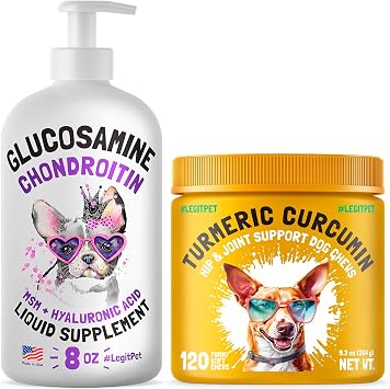 Turmeric Curcumin Hip & Joint Dogs Supplement Anti-Inflammatory Support 120 Chews and Liquid Glucosamine for Dogs Bacon Flavour with Chondroitin, MSM & Hyaluronic Acid 8 oz