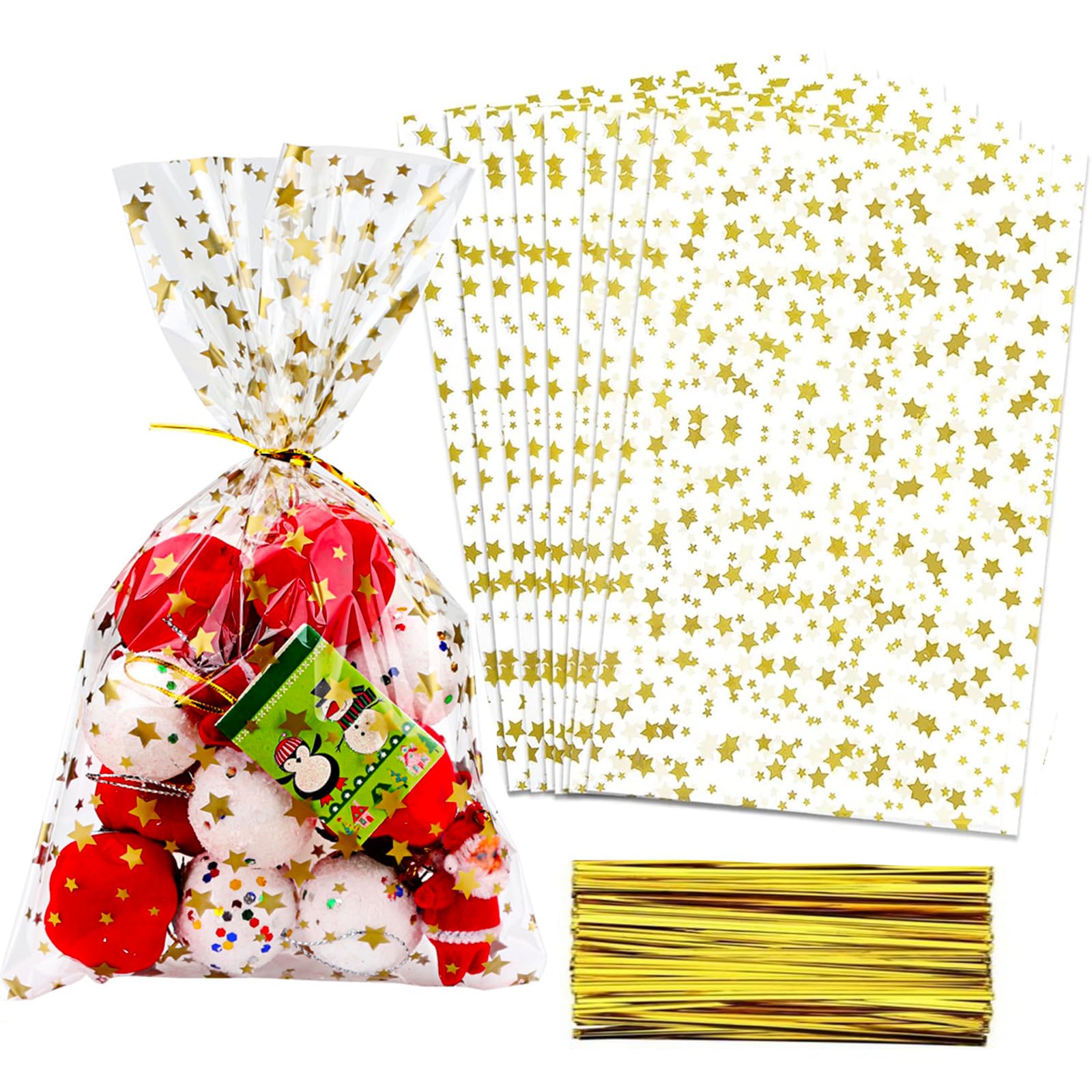 LINMAGCO 100 Pcs Star Printed 8 X 12 inch Gift Wrap Cello Cellophane Treat Bags Clear Candy Cookie Bag Plastic Poly Goodie Storage Bag with Twist Ties for Bakery,Birthday, Wedding,Party Decoration โ image 1
