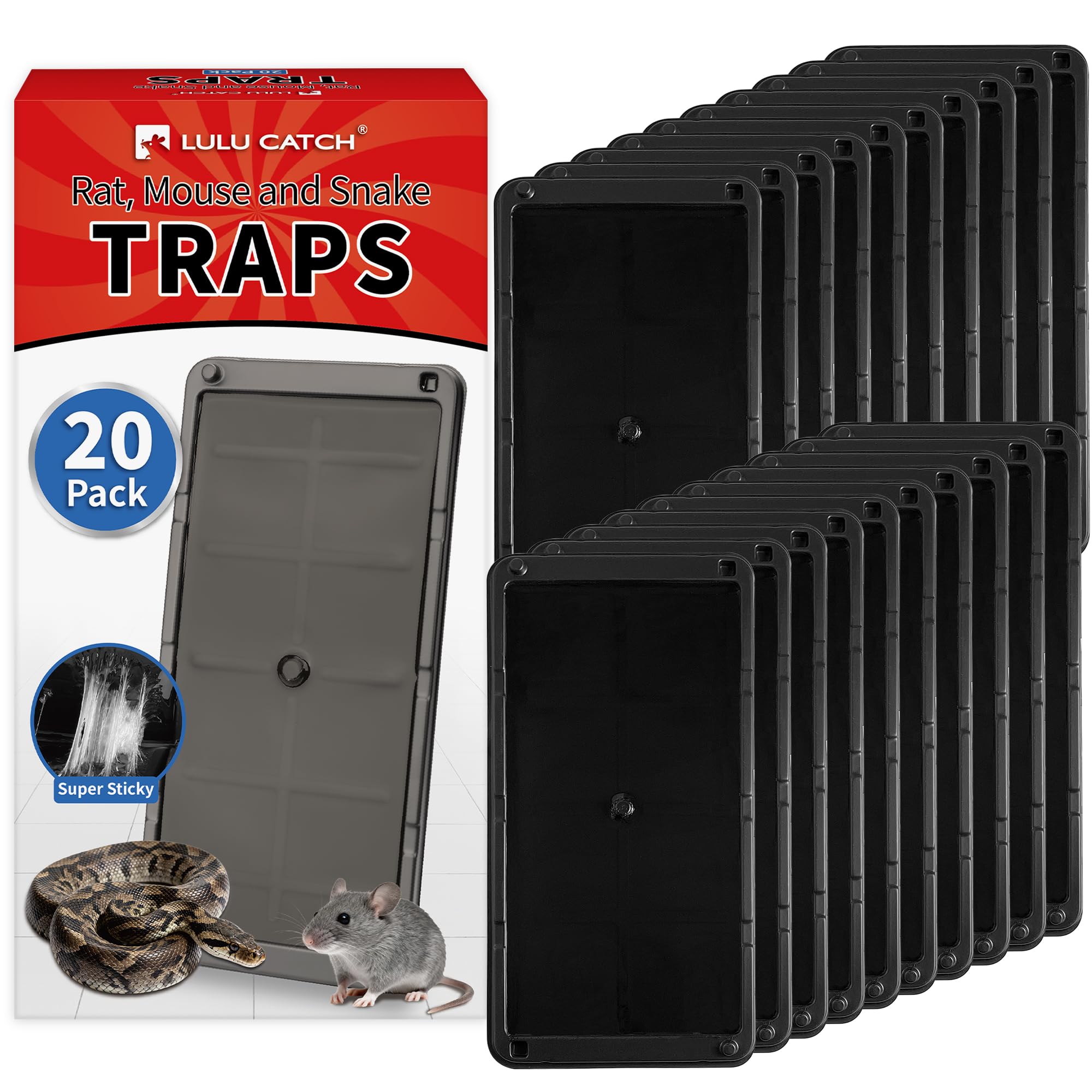 LULUCATCH Mouse Traps 20 Pack, Larger Heavier Glue Traps for Mice, Rat &amp; Snakes, Non-Toxic Sticky Mouse Traps Indoor for Home &amp; Kitchen, Easy to Set