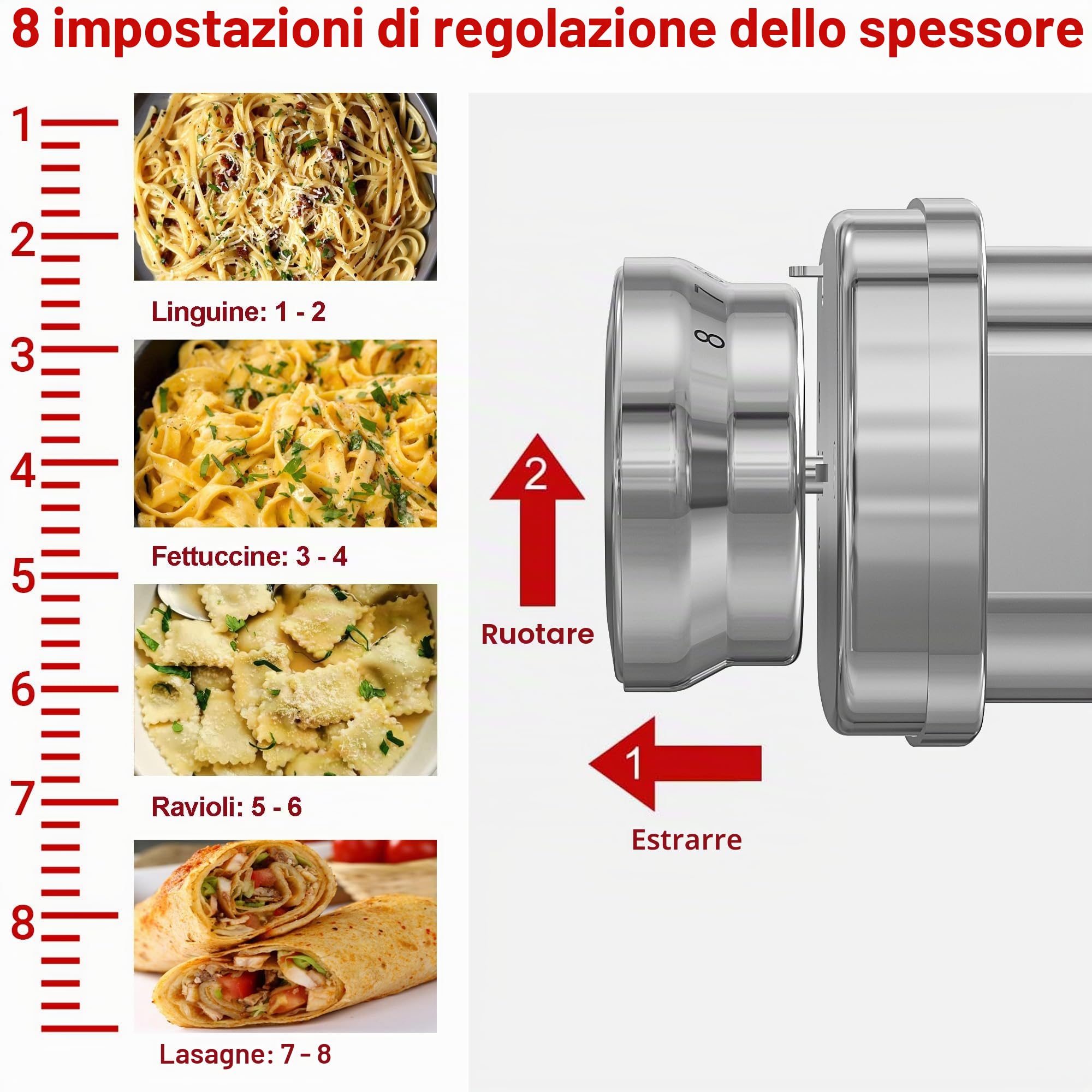 Accessorio per macchina per la pasta interamente in metallo per KitchenAid, accessorio per pasta 3 in 1 per planetaria KitchenAid, accessorio per sfogliatrice per pasta fresca regolabile a 8 velocità.