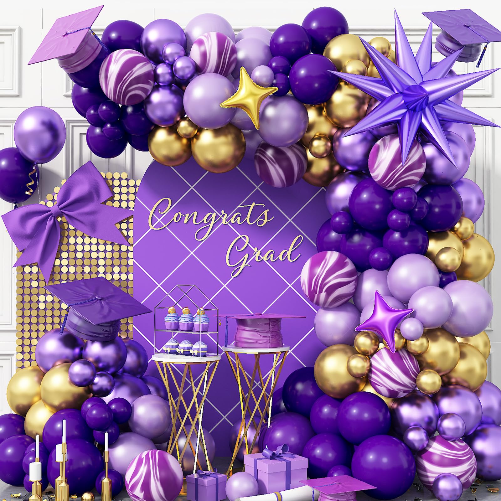 Purple Balloon Arch Kit 110Pcs Purple and Gold Balloons Garland Kit with Explosion Star Balloons Metallic Dark Violet Lavender Lilac Birthday Party