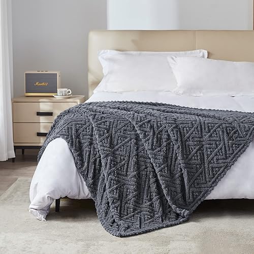 Miniatura 2 de BEAUTEX Manta de forro polar jacquard (50 x 60 pulgadas, gris) para sofá, cama y sofá, manta suave de sherpa mullida, acogedora manta de felpa