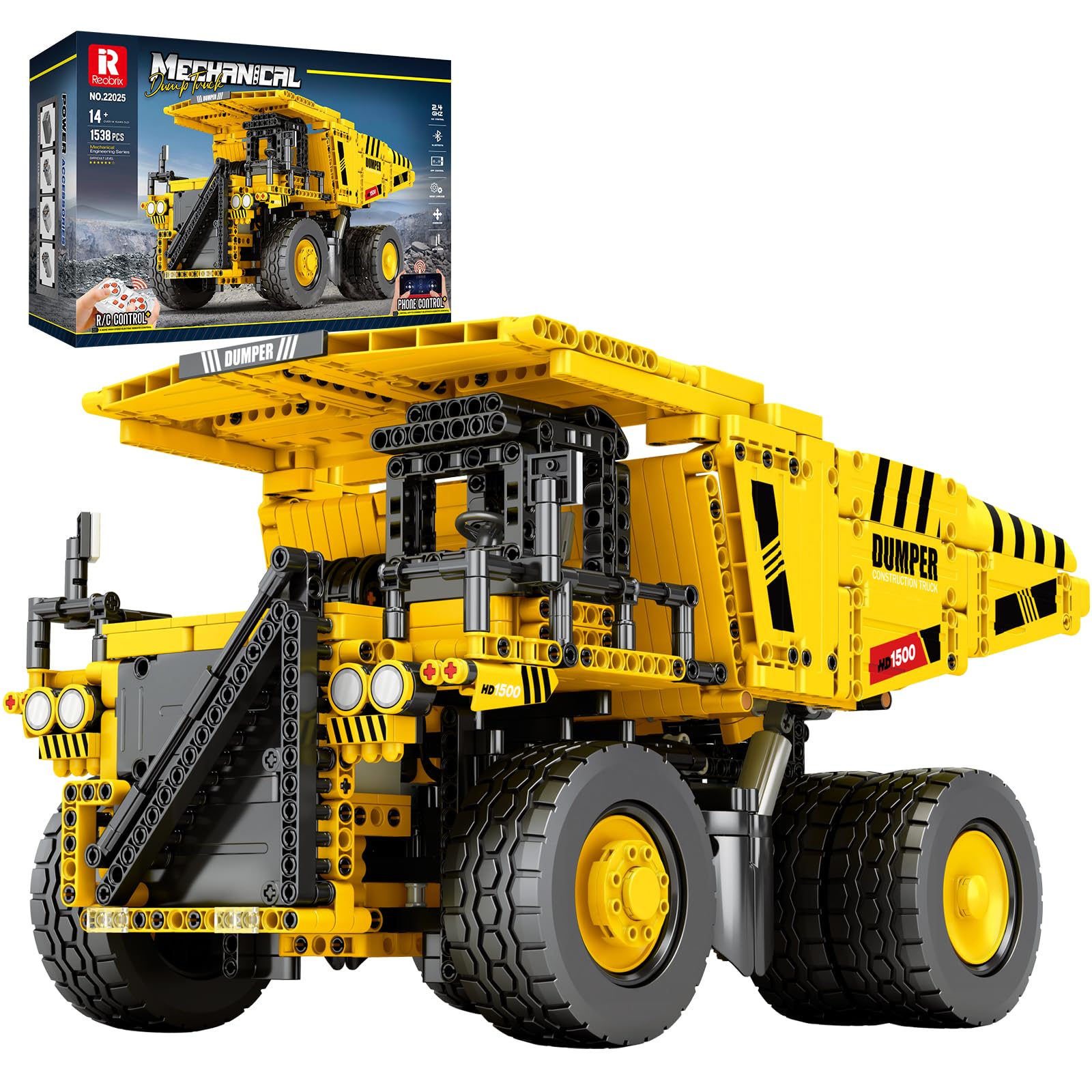 Reobrix RC Dump Truck Building Block Toy, APP/Remote Control Engineering Dumper Heavy Duty Vehicle with Motorset, 22025 Technical Mining Car Construction Brick Gift for Adult Child 14+ (1538Pcs) โ image 1