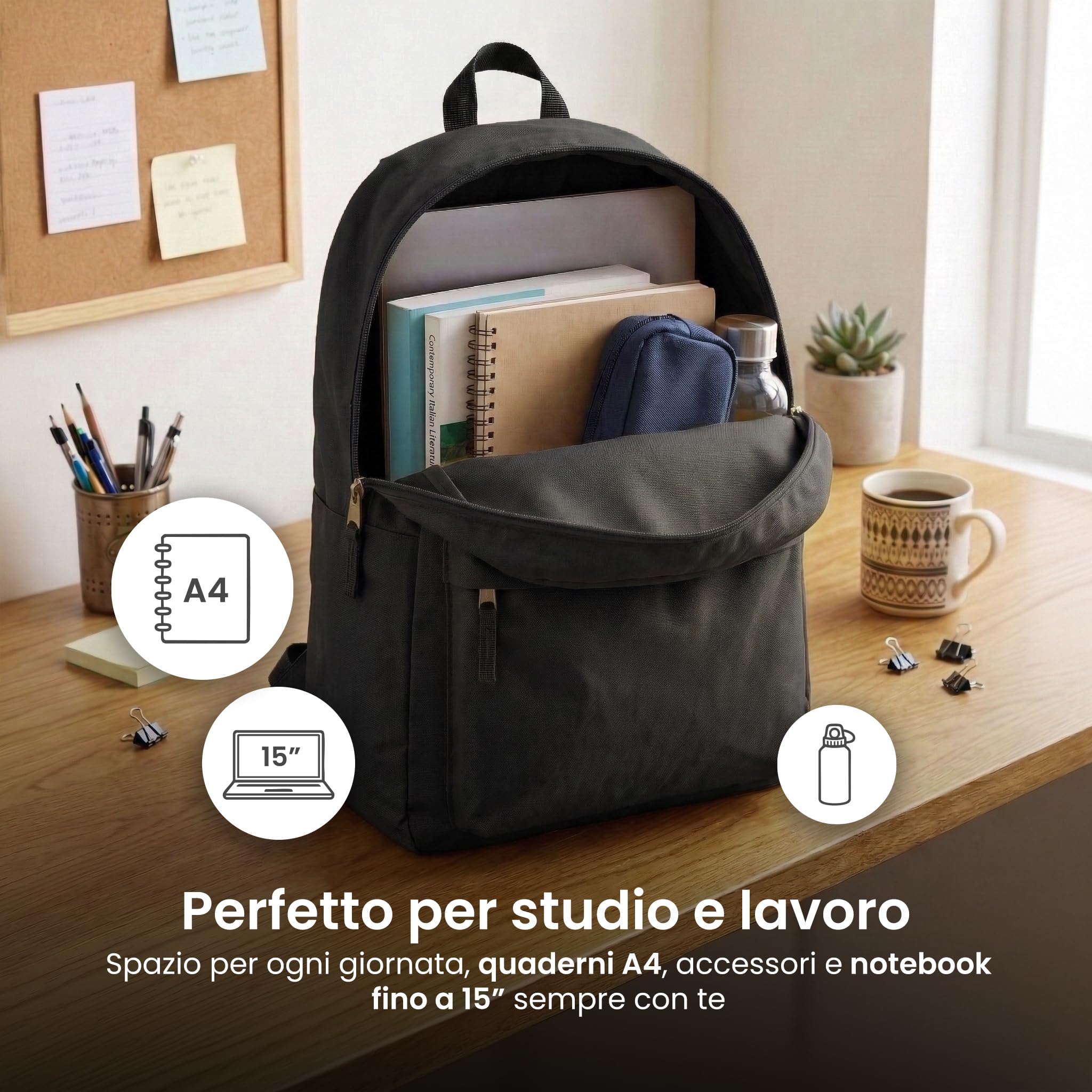TECHMADE Zaino Scuola/Casual Unisex Multifunzionale 30x15x40 cm – IDEALE PER: Lavoro, Scuola, Ufficio, Tasche, Tempo Libero, Tasche Multiple e Cerniere Resistente - Poliestere 600D PVC (Nero)