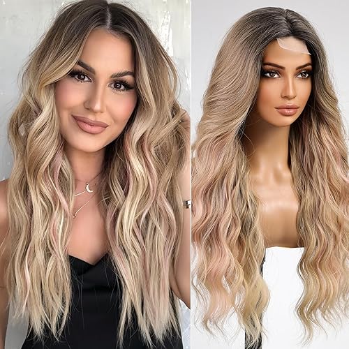 KOME Ombre Blonde Wig for Women,Blonde mix Pink Wigs Lace Front Middle Part Curly Wavy Wig,Synthetic Heat Resistant Fiber Wig for Daily Party Use 26IN…
