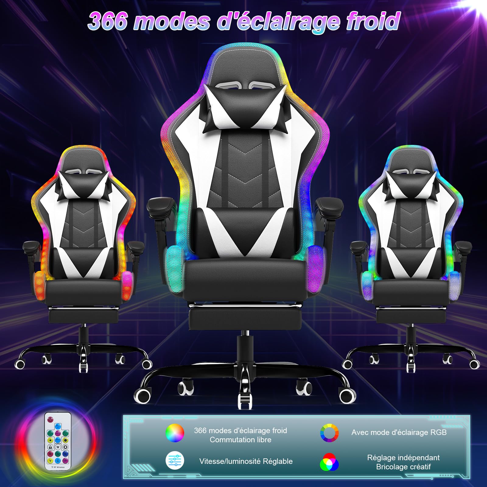 Devoko Chaise Gaming Ergonomique avec LED RGB, Massage Lombaire & Repose-Pieds – Fauteuil Gamer avec Appui-tête réglable – Dossier inclinable & Hauteur Ajustable – 180 kg,Blanc