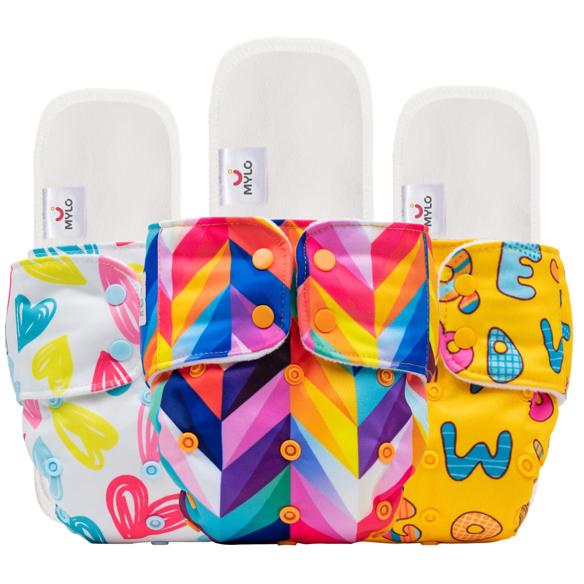 Mylo Leak-Proof Baby Cloth Diaper Combo (3 Diapers + 3 Inserts) | Free Size (3M-3Y) | High Absorption | Quick Dry | Oeko-Tex Certified | Washable - Rainbow, ABC & Heart Doodles-image-18