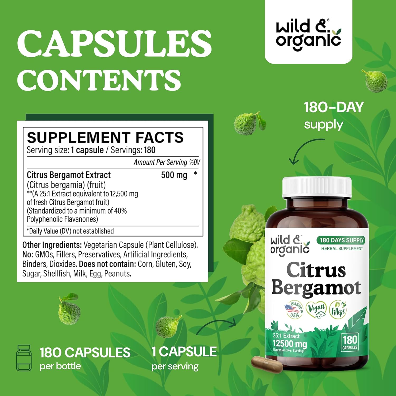 Wild & Organic Citrus Bergamot 12500mg Capsules - Antioxidant & Overall Support - Citrus Bergamot Supplement - Citrus Bergamia Fruit Extract Powder - Vegan, No Fillers, Non-GMO - 180 Count - Image 3