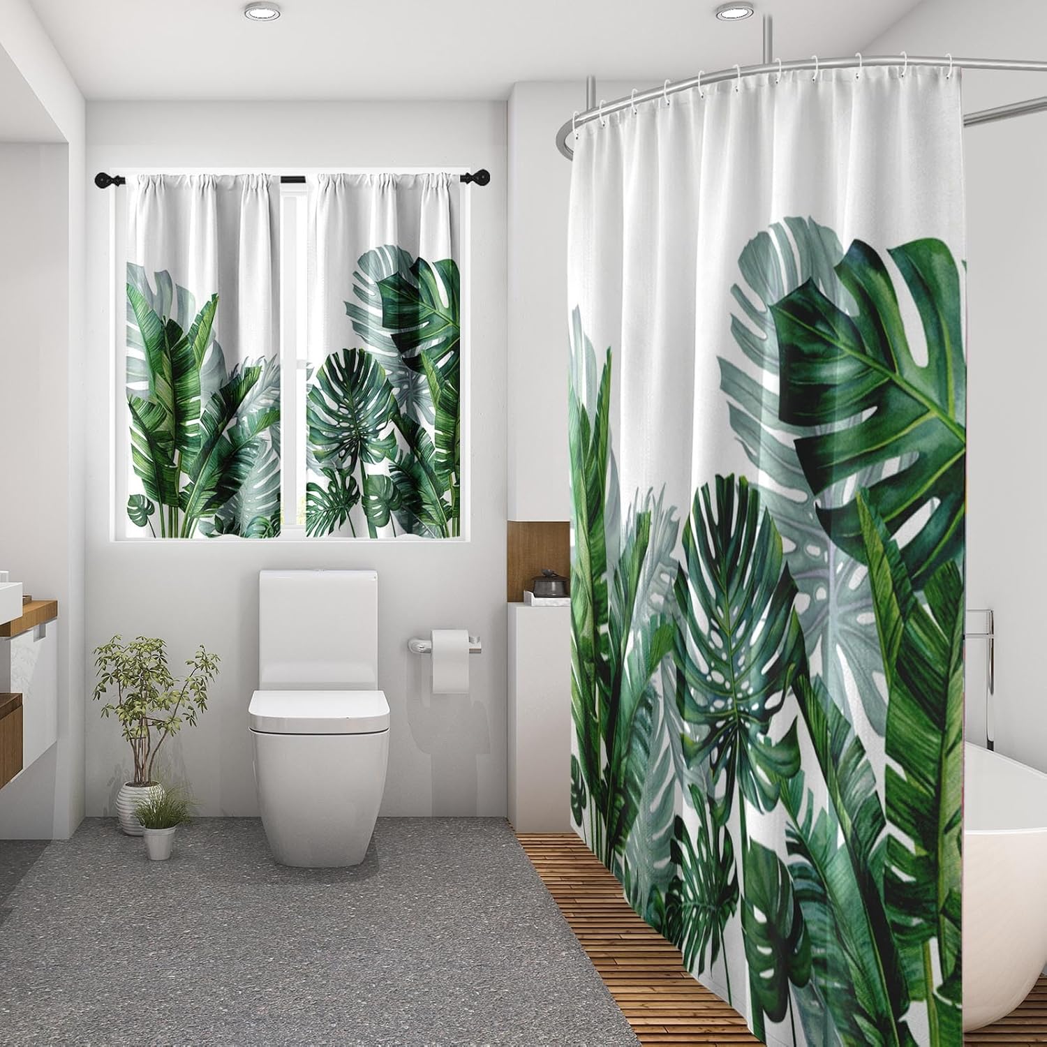 Green Tropical Palm Leaves Shower Curtain Set, Banana Leaf Bathroom Window Waffle Cloth Waterproof Shower Curtains for Bathroom Decor