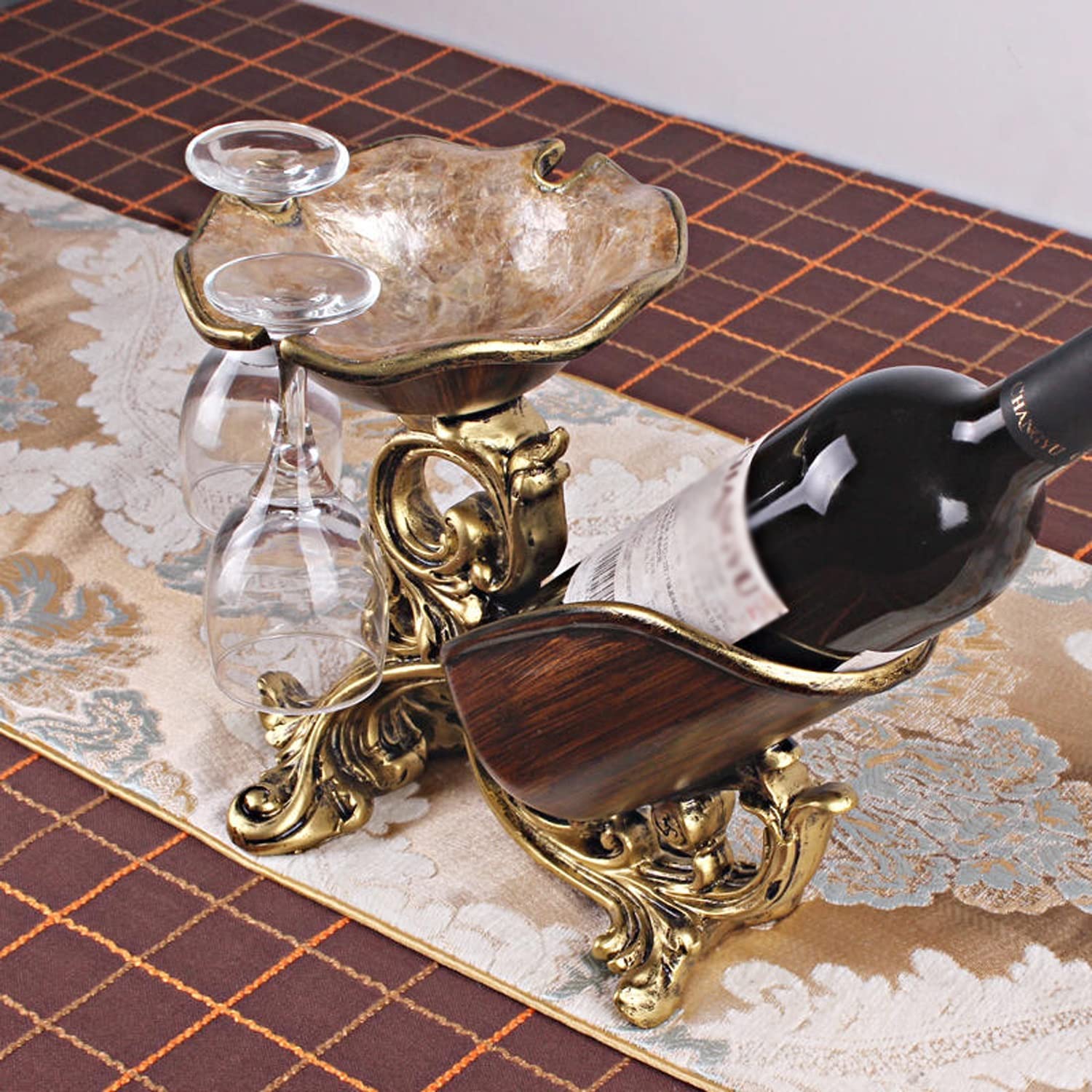 Soporte de Botella de Vino de Lujo, Estante de Soporte de Vino de Resina Retro con Orificio Colgante de 3 Copas, decoración de Mesa multifunción, decoración de Adorno