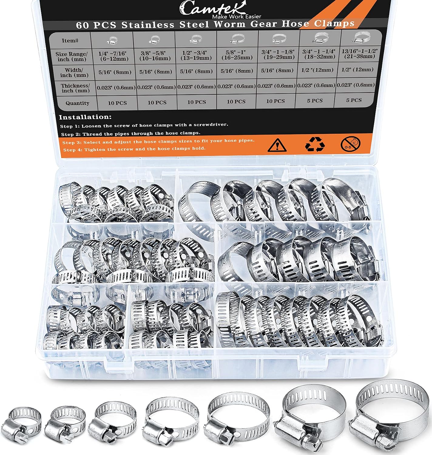 60PCS Hose Clamps, Camtek Stainless Steel Adjustable 6-38mm Range Worm Gear Hose Clamp Duct Clamp Pipe Clamp Fuel Line Clamp for Plumbing, Automotive and Mechanical Applications Assortment Kit