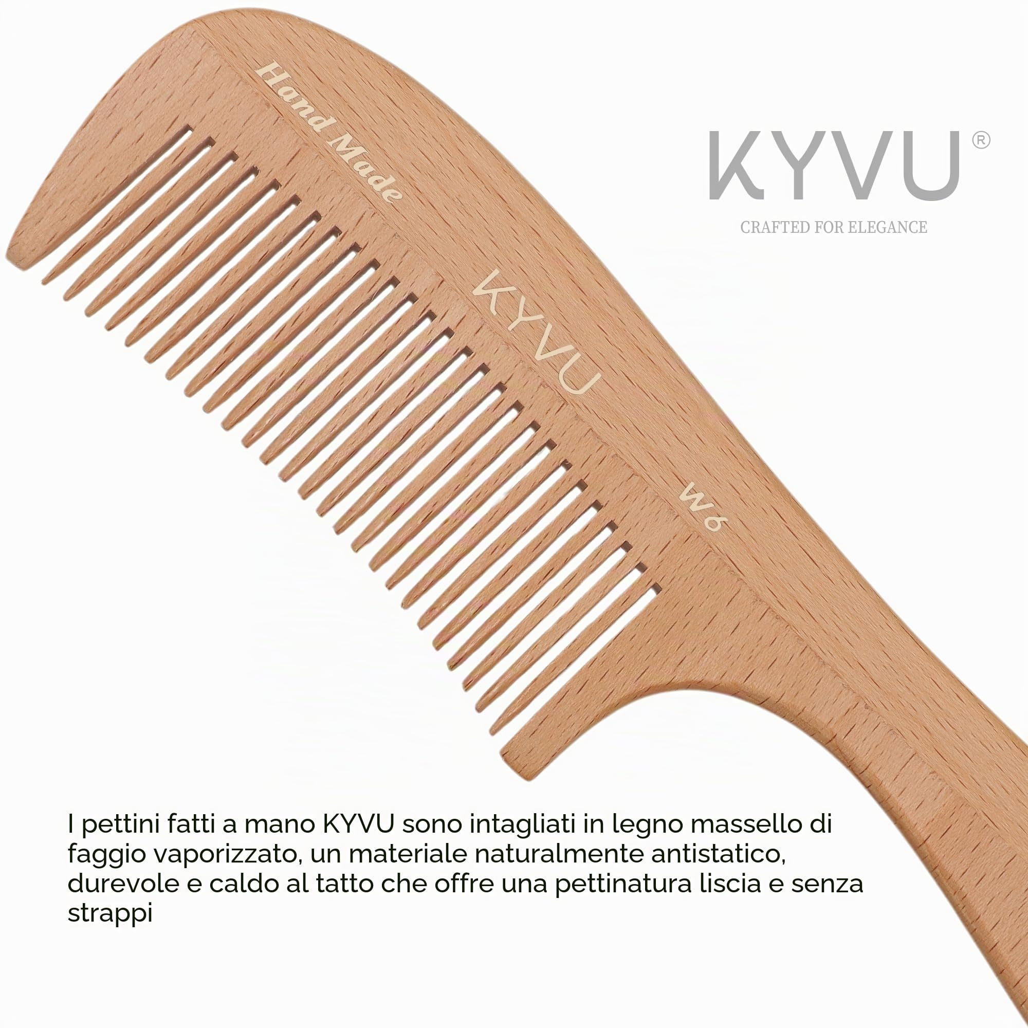 W6 - Pettine in legno a denti fini con manico, 19 cm, realizzato a mano, colore: faggio