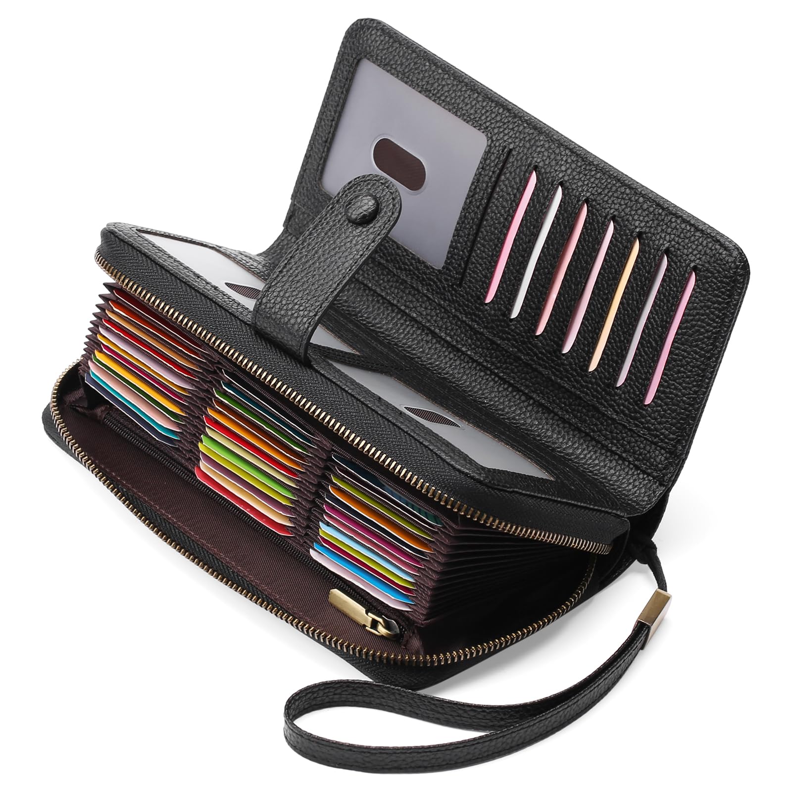 GAEKEAO Leather Credit Card Holder Wallet for Women RFID Blocking Large Capacity Bifold Zipper Card Case Organizer with Wristlet 45 Slots