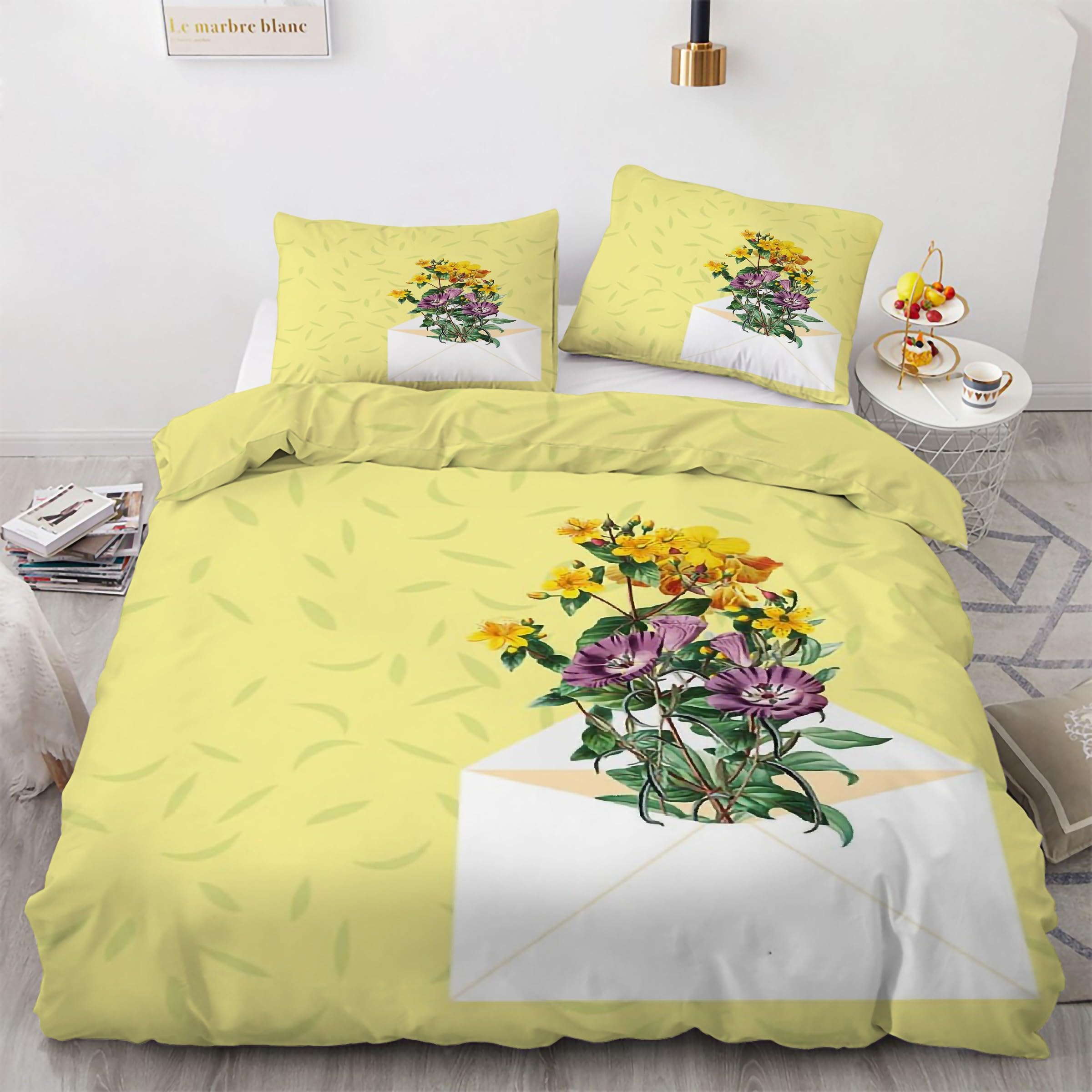 Housse de couette 220x240 jaune microfibre douce parure lit 3 pièces