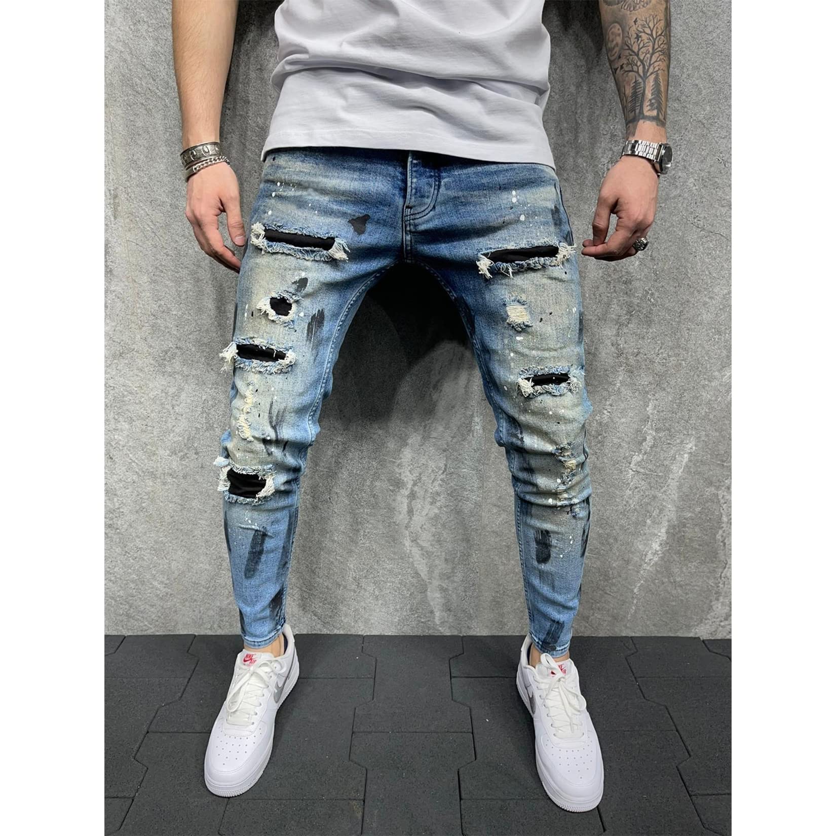Fashion Men Skinny Stretch Ripped Jeans Slim Fit Denim Pants Streetwear Skinny  Jeans Men : Amazon.nl: Fashion