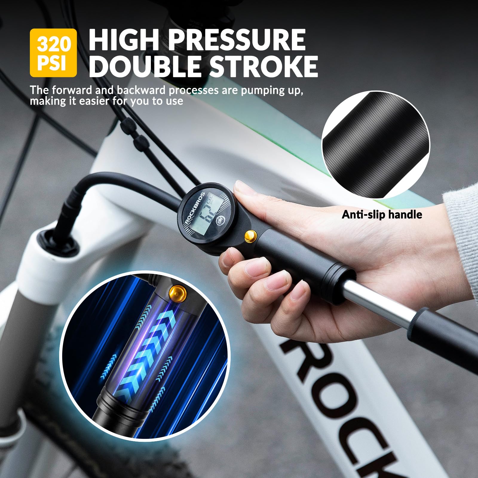 ROCKBROS Pompka Rowerowa na Ramę Mini Pompa Rowerowa do Ramy Max. 320PSI Presta&Schrader Regulowane Ciśnienie Przenośna Pompka Dwusuwowa z Wskaźnikiem Ciśnienia do Roweru MTB, BMX, Szosowego