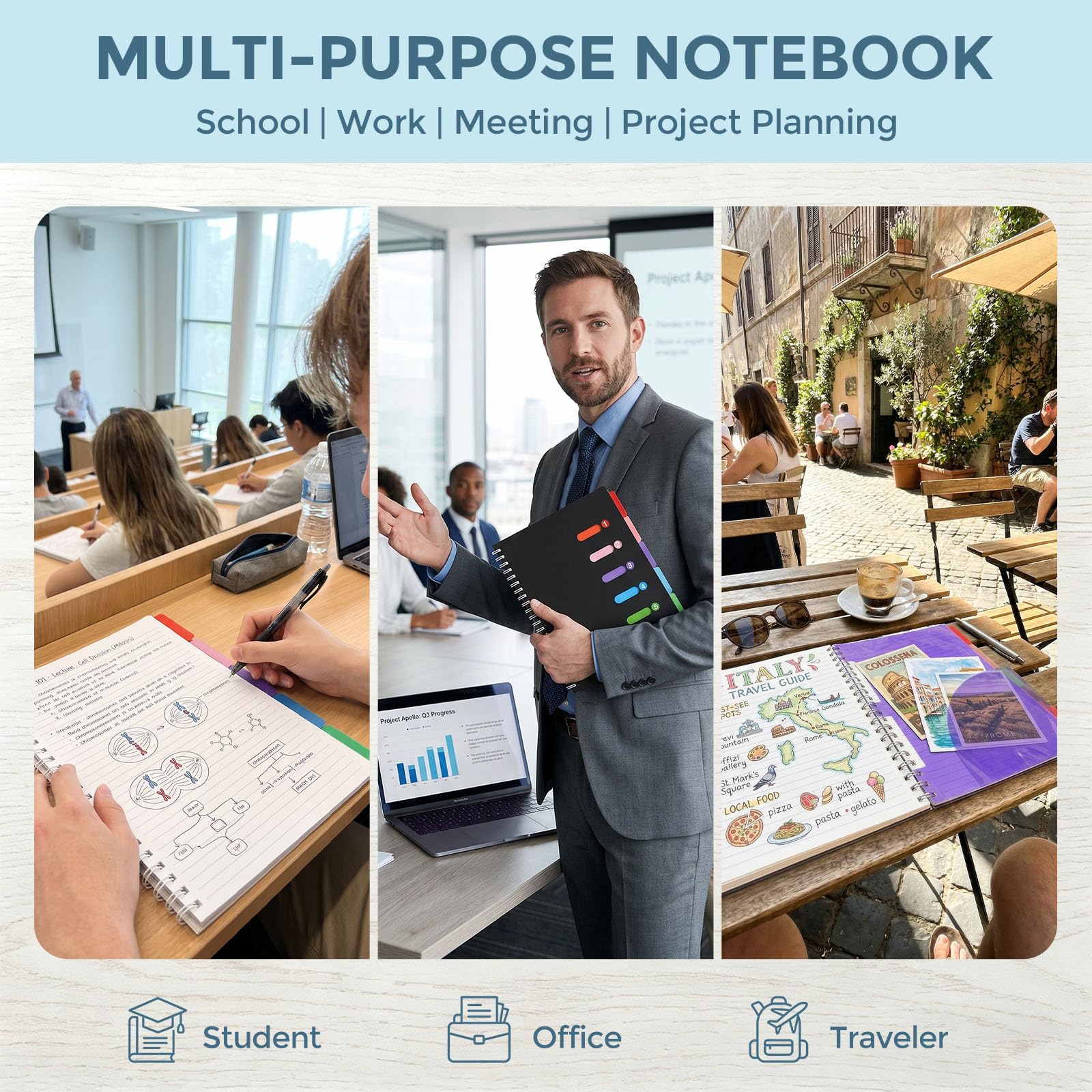 HEYPLACE Quaderno per soggetti, a righe, nero, a spirale, con divisori, formato A4, con copertina rigida, 5 soggetti, per scuola e ufficio