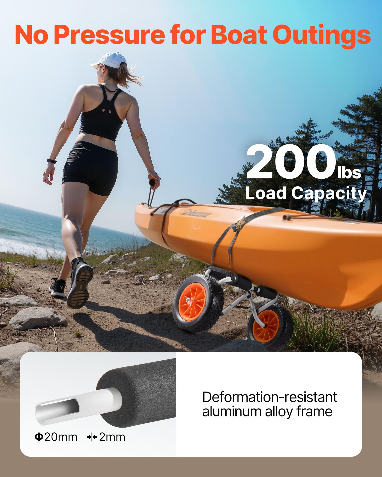 VEVOR Kajakwagen, 90 kg, Faltbarer Kanuwagen mit 25,4 cm Vollgummireifen & 1 Ratschengurt, Bootswagen zum Transportieren von Kajaks, Kanus, Paddleboards, Jon-Booten, 620x350x325 mm