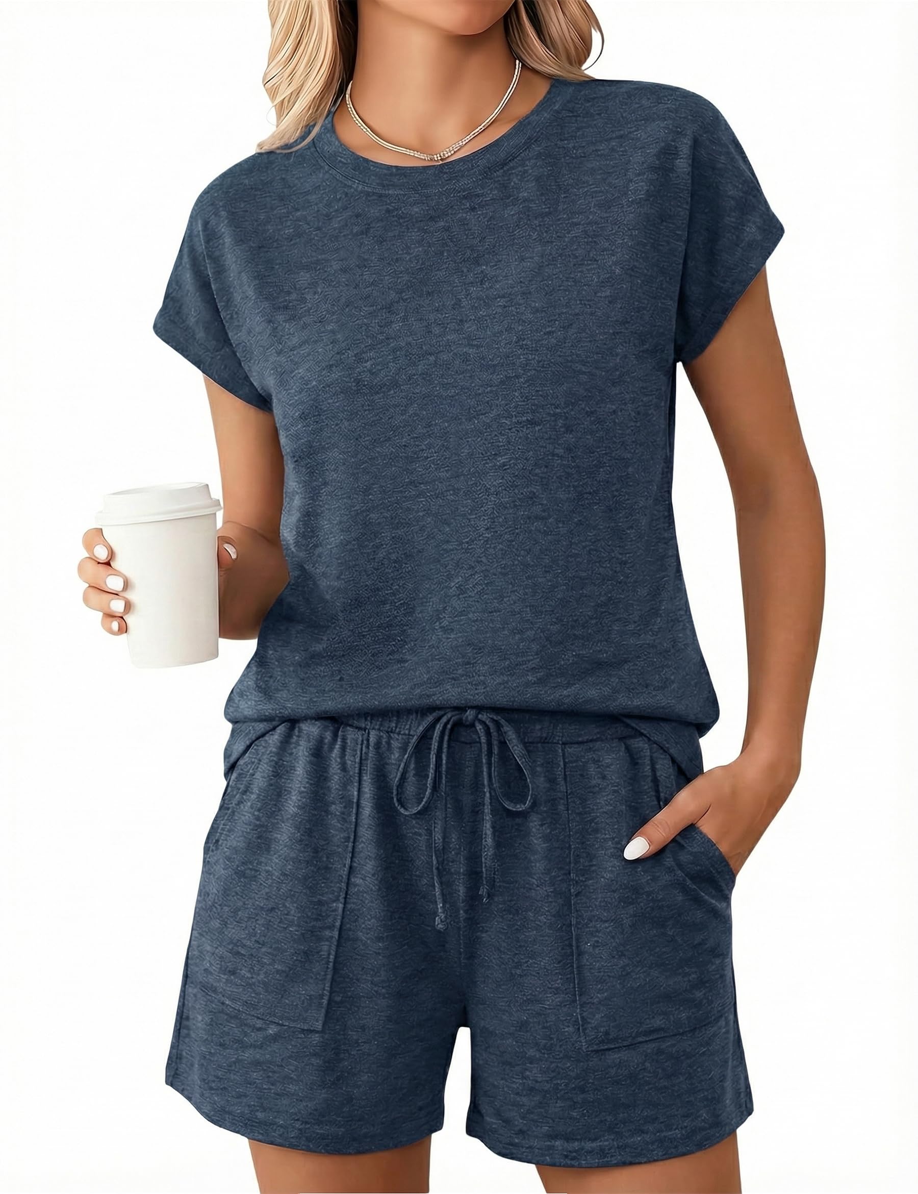 Uniexcosm Schlafanzug Damen Kurz Sommer Pyjama Set Zweiteiler Nachtwäsche Einfarbig Oberteil und Schlafshort Sleepshirt für Frauen