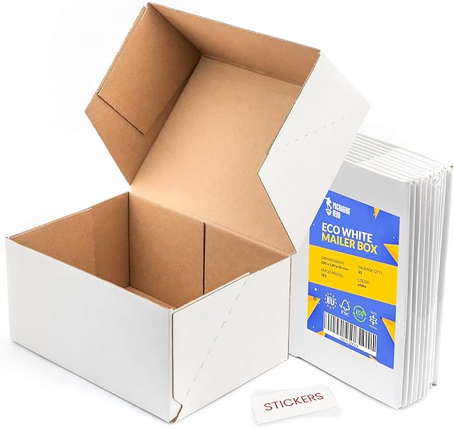 Packaging Hero 20 x 15 X 10 cm (aprox. 8" x 6" x 4") White Corrugated Cardboard Mailing Boxes, gift boxes, e-commerce box with free clear round stickers (10 pack)