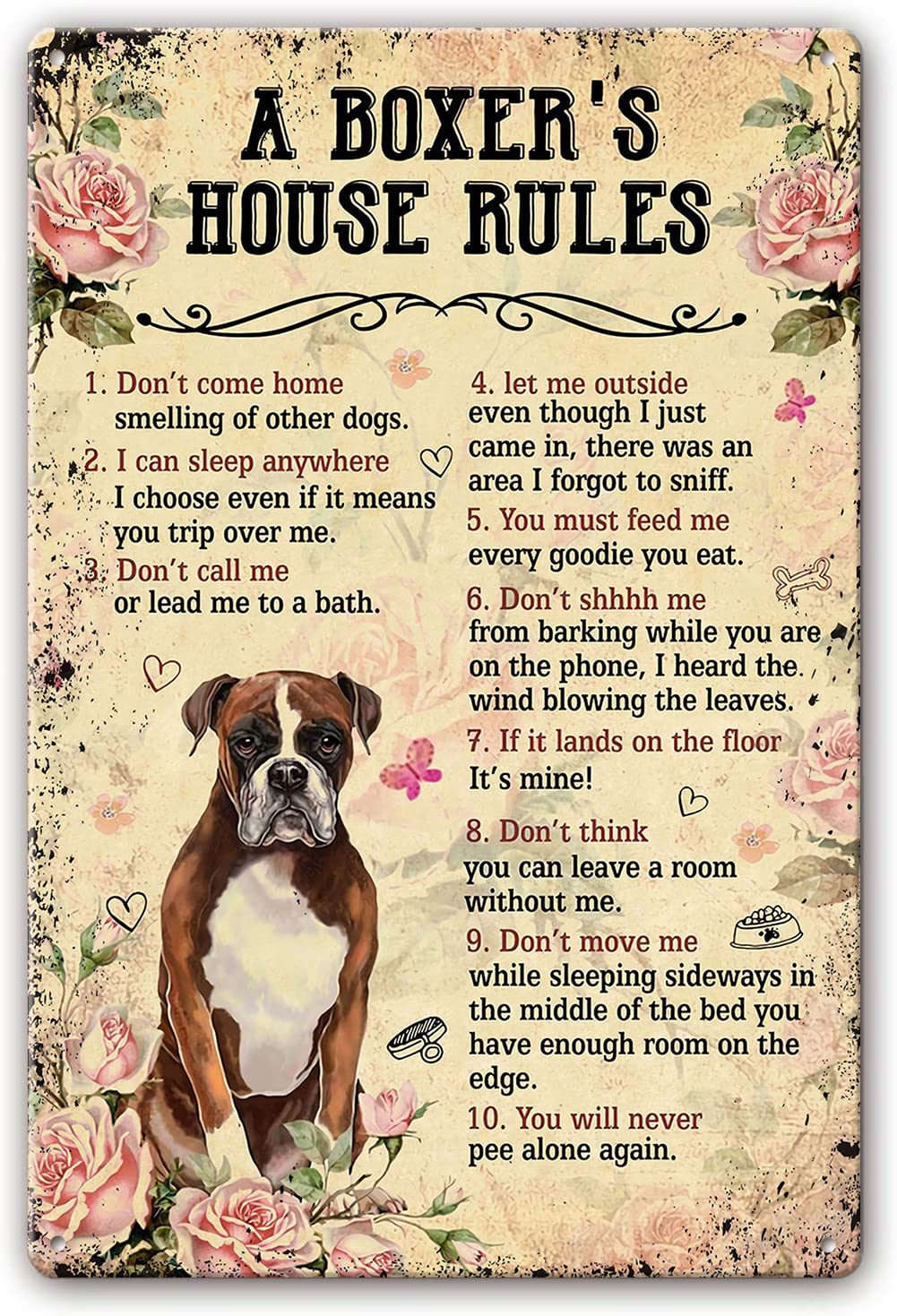 Boxer Dog Poster House Rules Retro Metal Tin Sign Decorative Print Dog Tin Sign Wall Art Bedroom Pictures for Kitchen Paintings for Bathroom Pics Modern Decorations 12x16 Inch