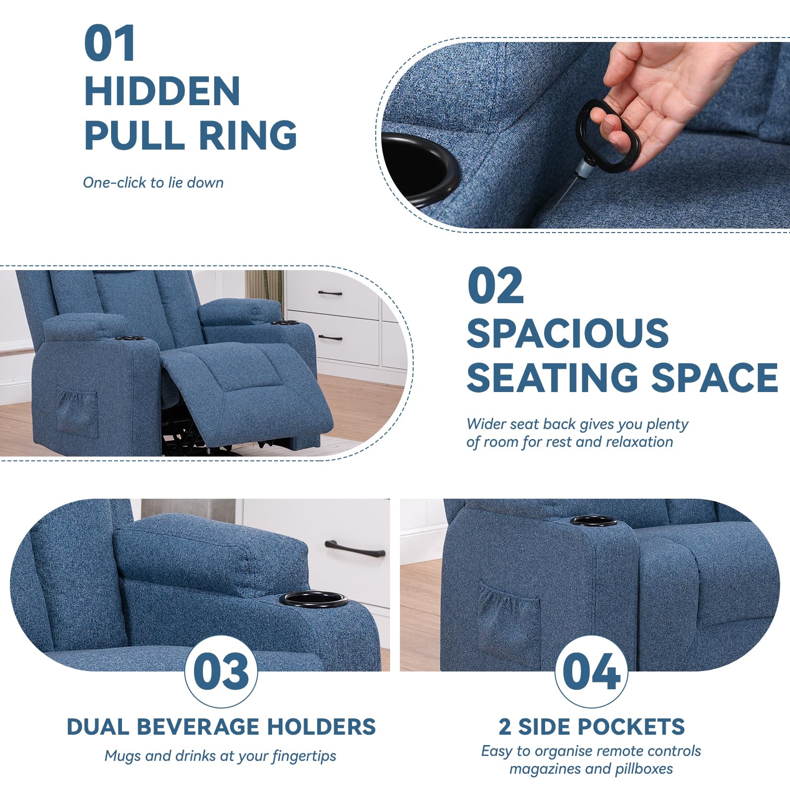 COMHOMA Poltrona Relax TV con Funzione Recliner Schienale Regolabile, Girevole a 360°, 2 Tasche Laterali e Portabicchieri, Blu, Tessuto