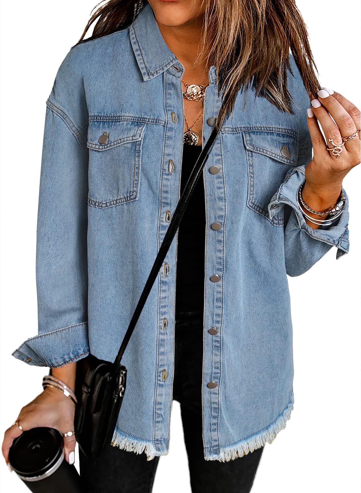 Dokotoo Womens Button Down Oversized Distressed Boyfriend Jean Jacket | Fall Outfits for Women 2026, Classic Denim Jacket for Country Concert, Date Night, Trendy Light Jackets Shacket Coat