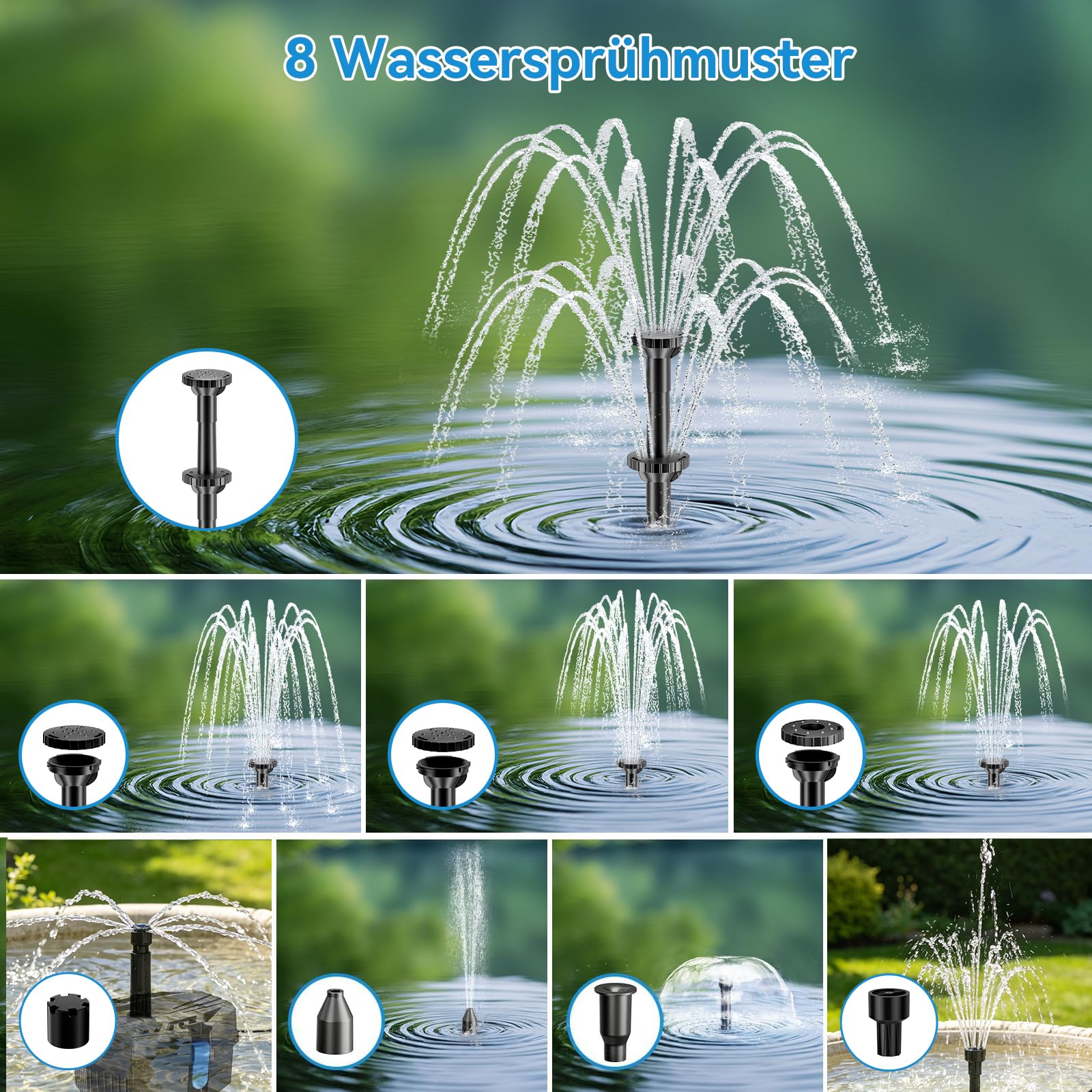 POPOSOAP Solar Springbrunnen mit Teichfilter – 8W Solarbrunnen & 3600mAh Batteriebackup, 8 Sprühmodi & 1,5 m Schlauch für kleine Außen-Teiche, Vogeltränken, Gartengewässer