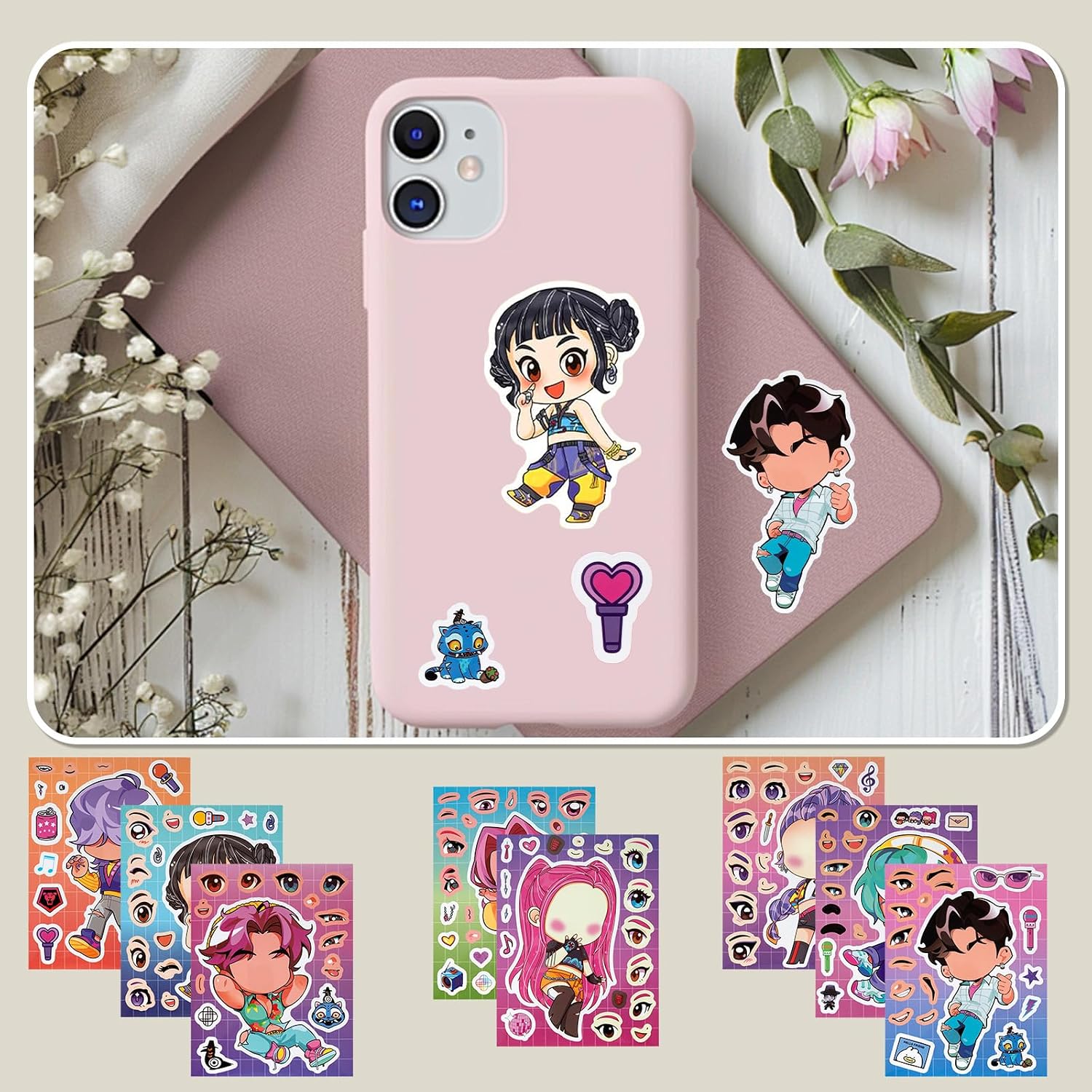 for Demon Stickers Hunter K pop Toys DIY Make a Face Demon Movie Hunter Stickers for Teens, Make Your Own Mixed &Matched with 8 Designed Characters Sticker for Birthday Party Supplies Favors