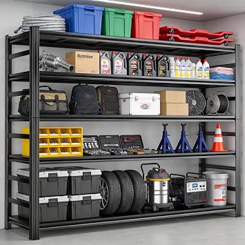 48" W Garage Shelving Heavy Duty Metal Shelves 5 Tier Adjustable Shelf Unit 3000 lbs Capacity Storage Stand Organizer for Warehouse and Basement,Black, 35.4" W x 15.7" D x 71.2" H
