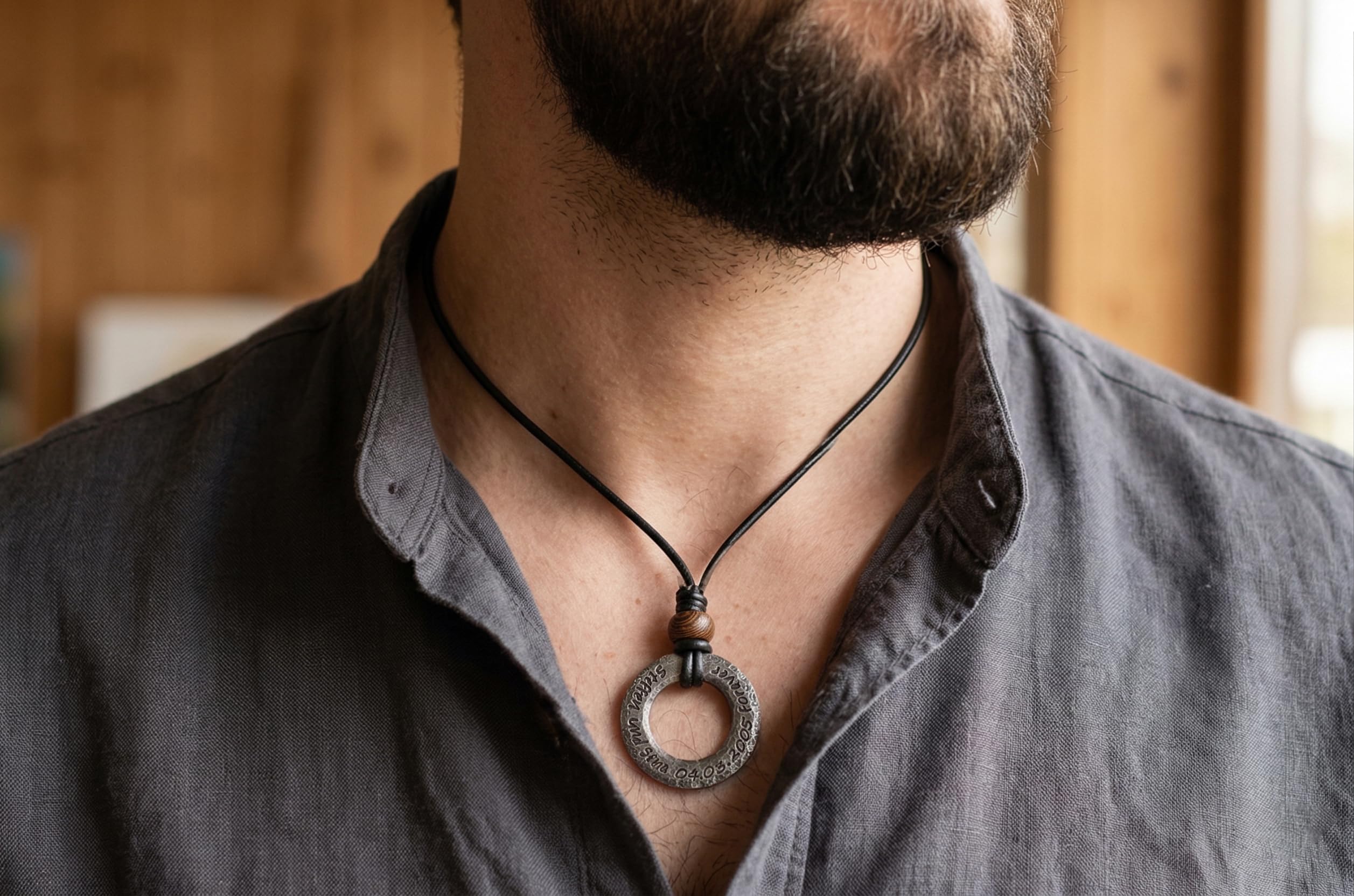 Personalisierte Lederkette mit Gravur für Herren – Handgefertigter Edelstahl Donut-Anhänger (30mm) – Hammerschlag Optik & Antik-Finish – Individuelle Halskette mit Wunschtext – Schwarz/Braun