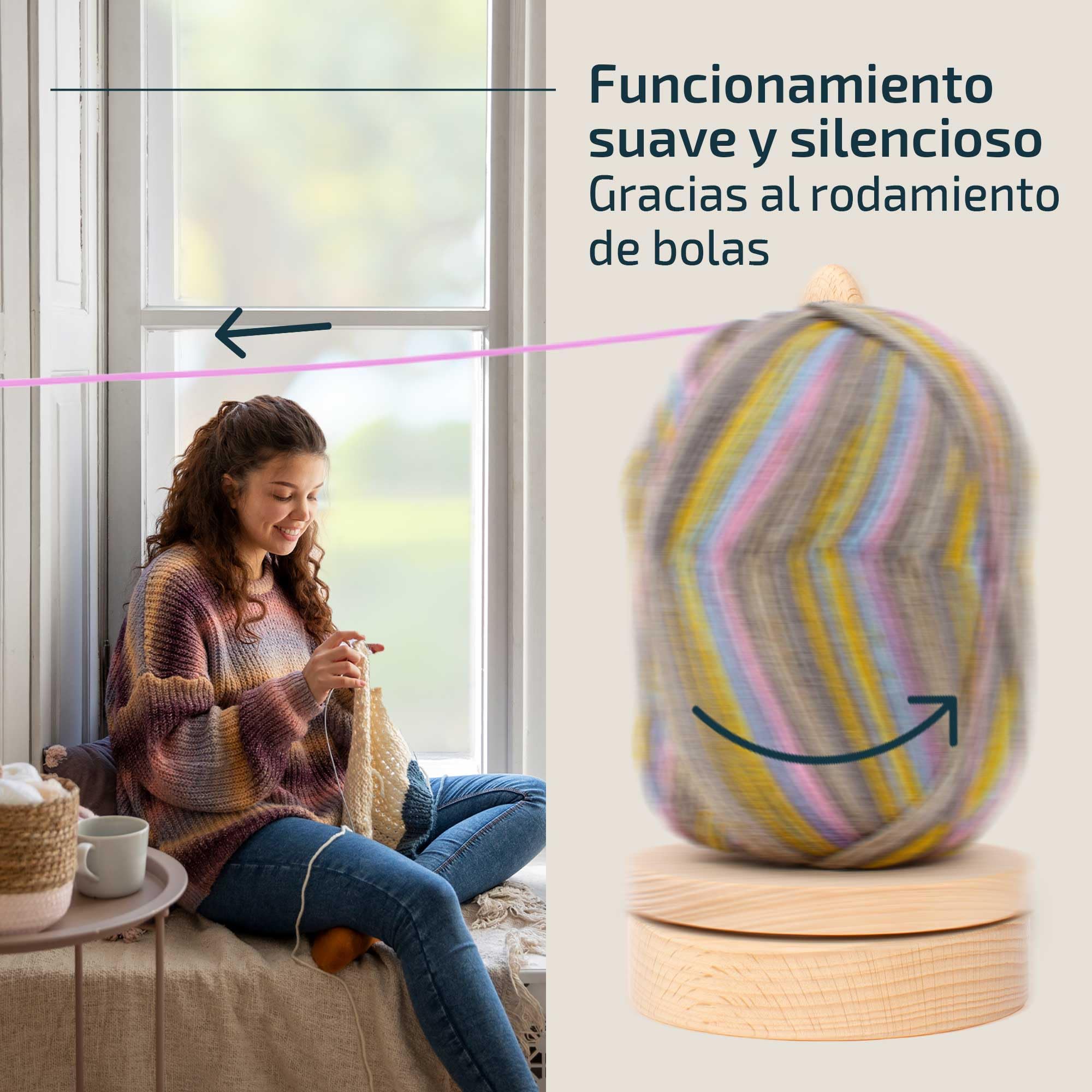 Bobinadora lana, dispensador de lana giratorio con rodamiento de bolas para tejer sin nudos - porta ovillos de madera 24 cm