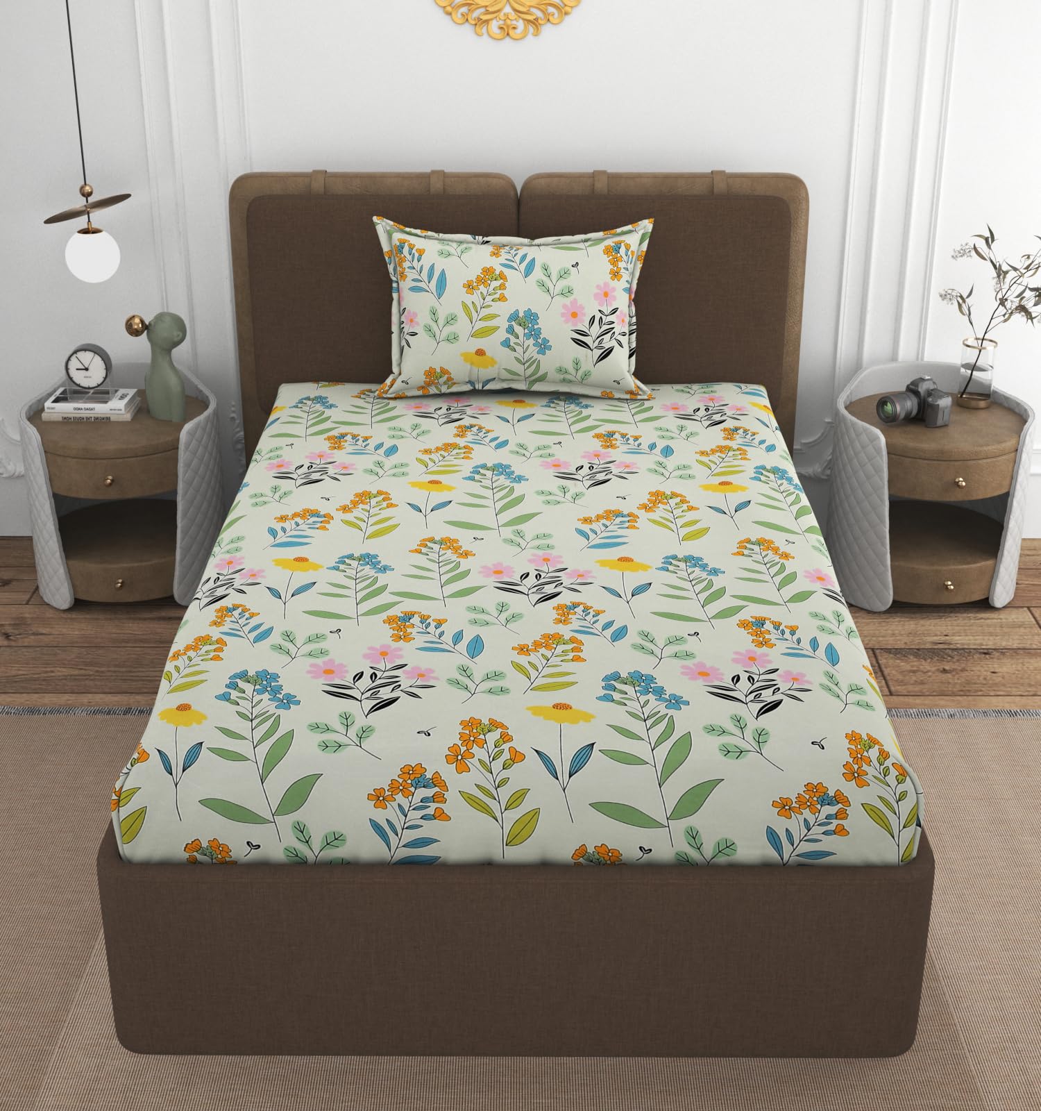 VOMZER 300 Tc Floral Elastic Fitted Bedsheets Single Bed with 1 Pillow Cover | All Around Elastic, Size 36 X 72 10 Inches Green