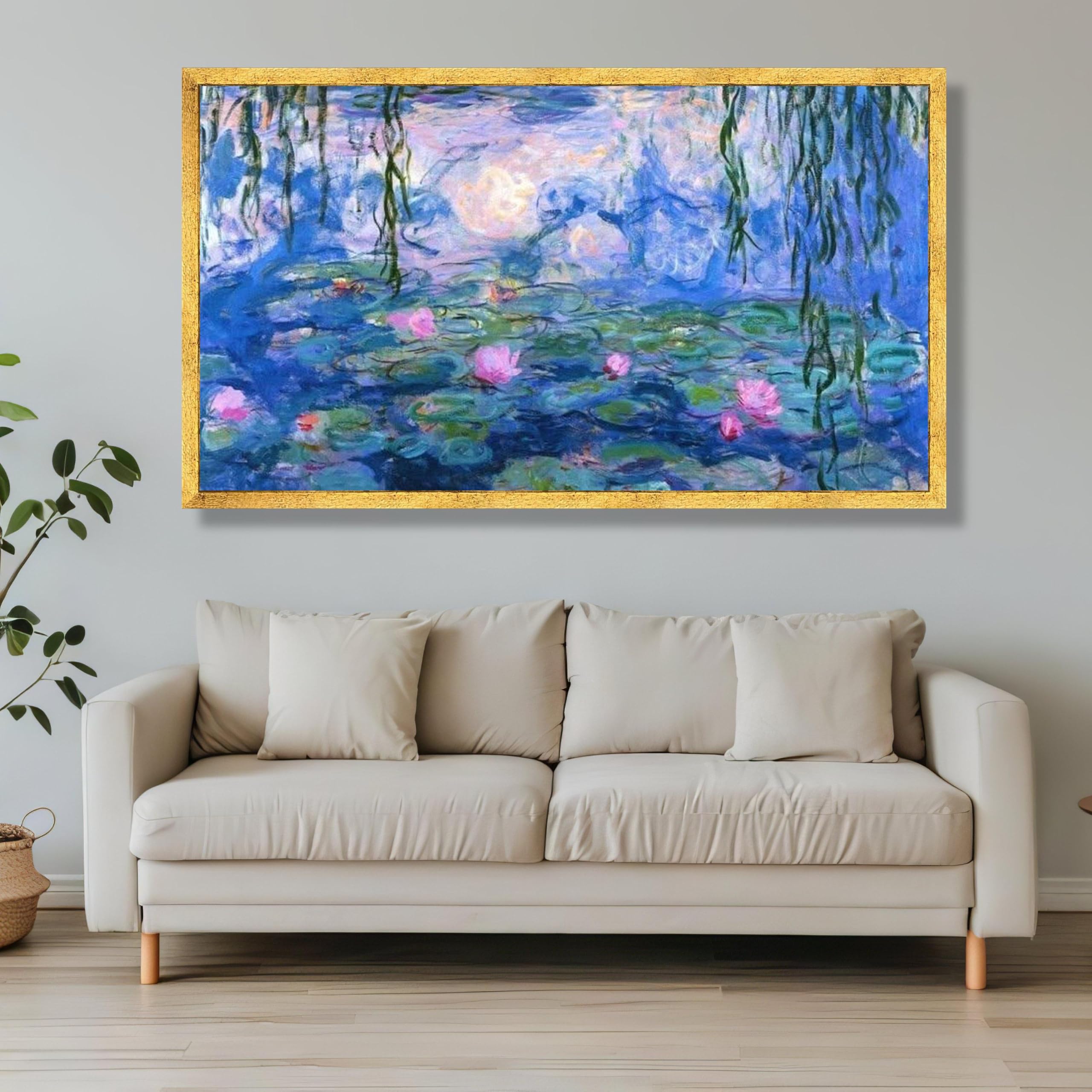 XINBAO Impresjonistyczne lilie wodne na płótnie, sztuka ścienna, estetyczny obraz kwiatowy, impresjonizm, natura, woda, ogród, mural (75 x 150 cm)