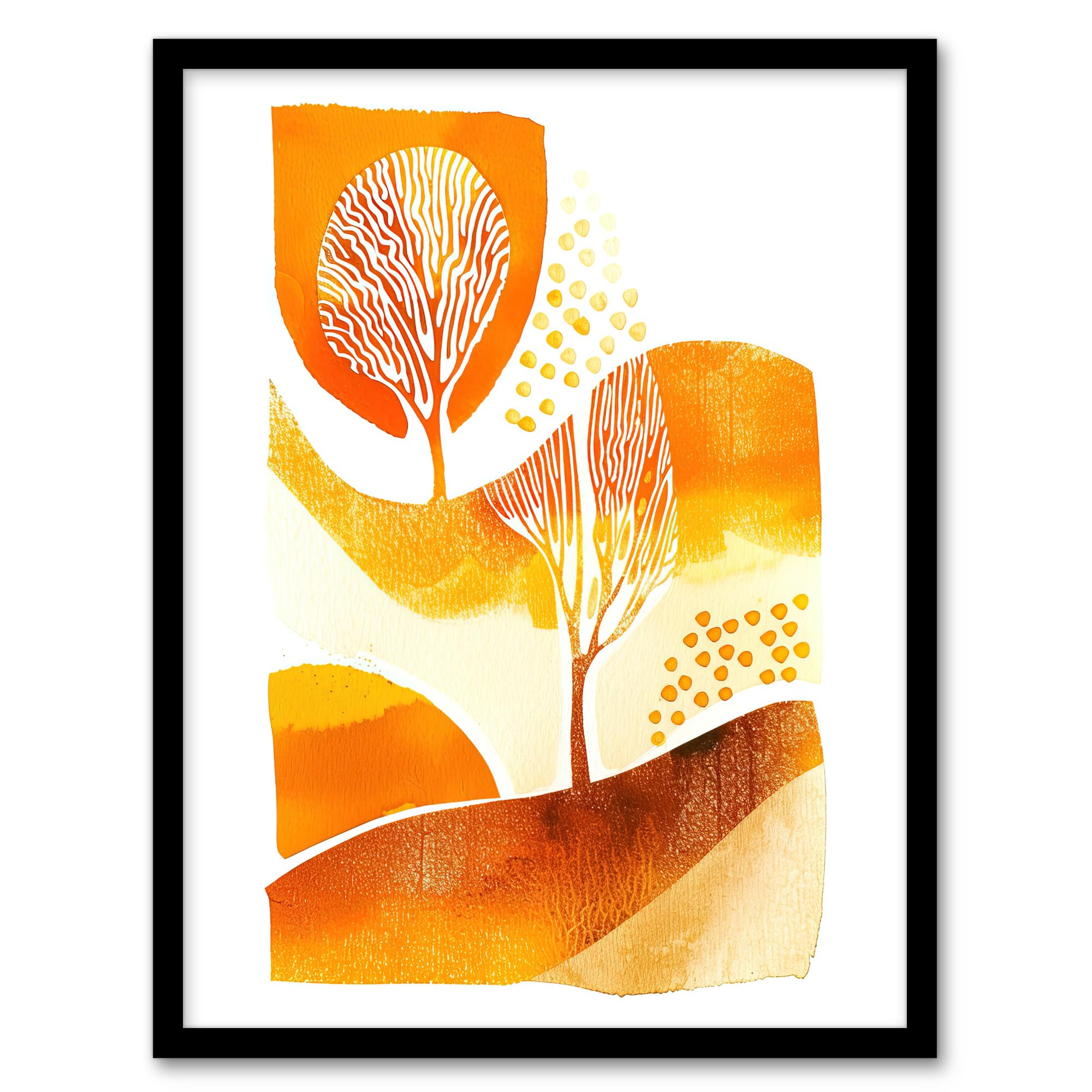 Artery8 Framed Wall Art - Abstract Watercolour - Autumn Countryside Trees - Mustard - A4