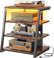 Armocity 4-Tier AV Media Stand with Power Strips & LED Lights, Adjustable Stereo Rack, Small Entertainment Center 30" Rustic Brown