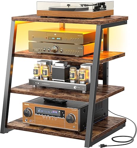 Armocity Soporte multimedia AV de 4 niveles con regletas de alimentación, soporte estéreo con luces LED, estante de torre de audio con estantes