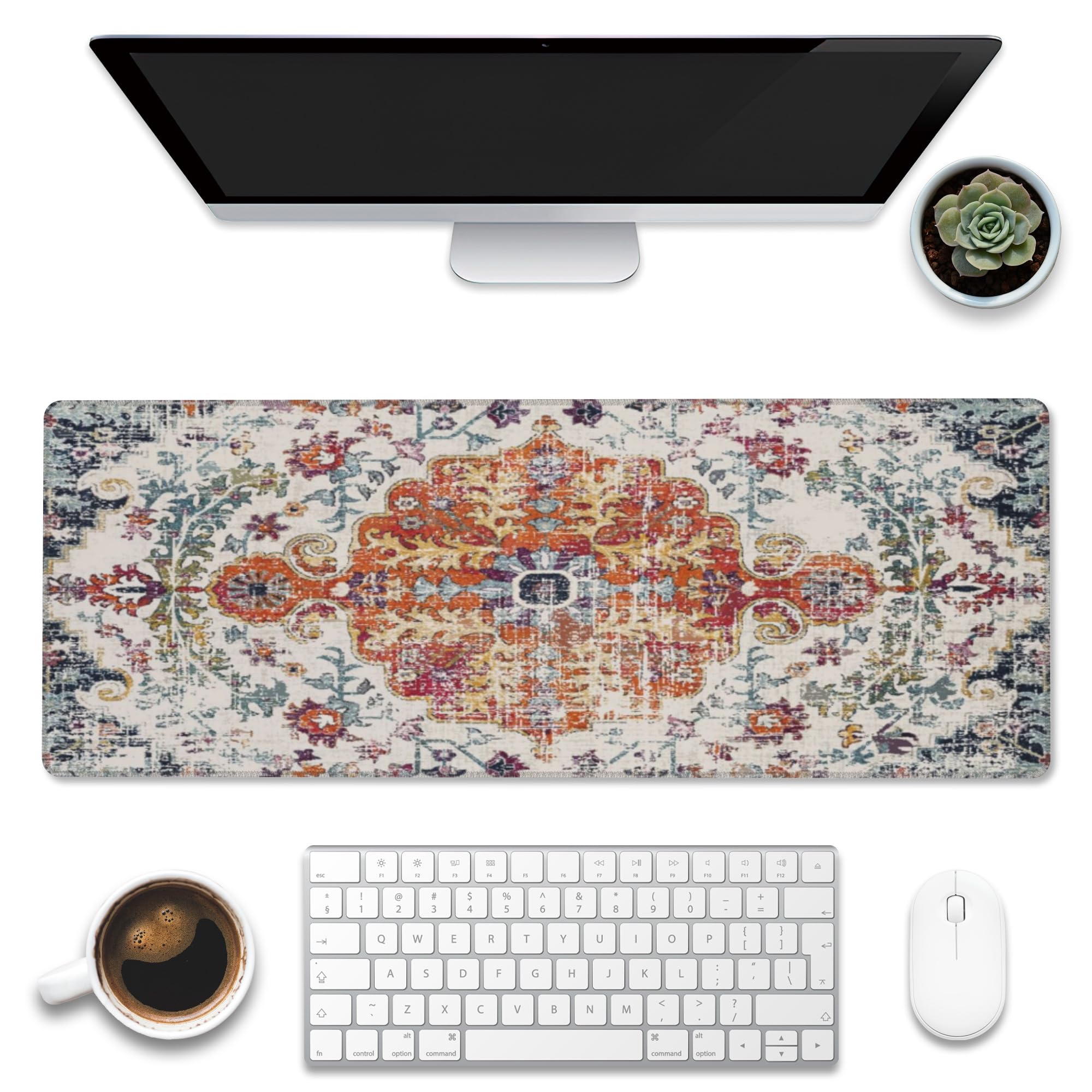 Large Gaming Mouse Pad for Desk,Boho Carpet Style Desk Mat for Desktop,Boho Rug Desk Pad, Extended Big Computer Keyboard Mouse Pad with Non-Slip Base