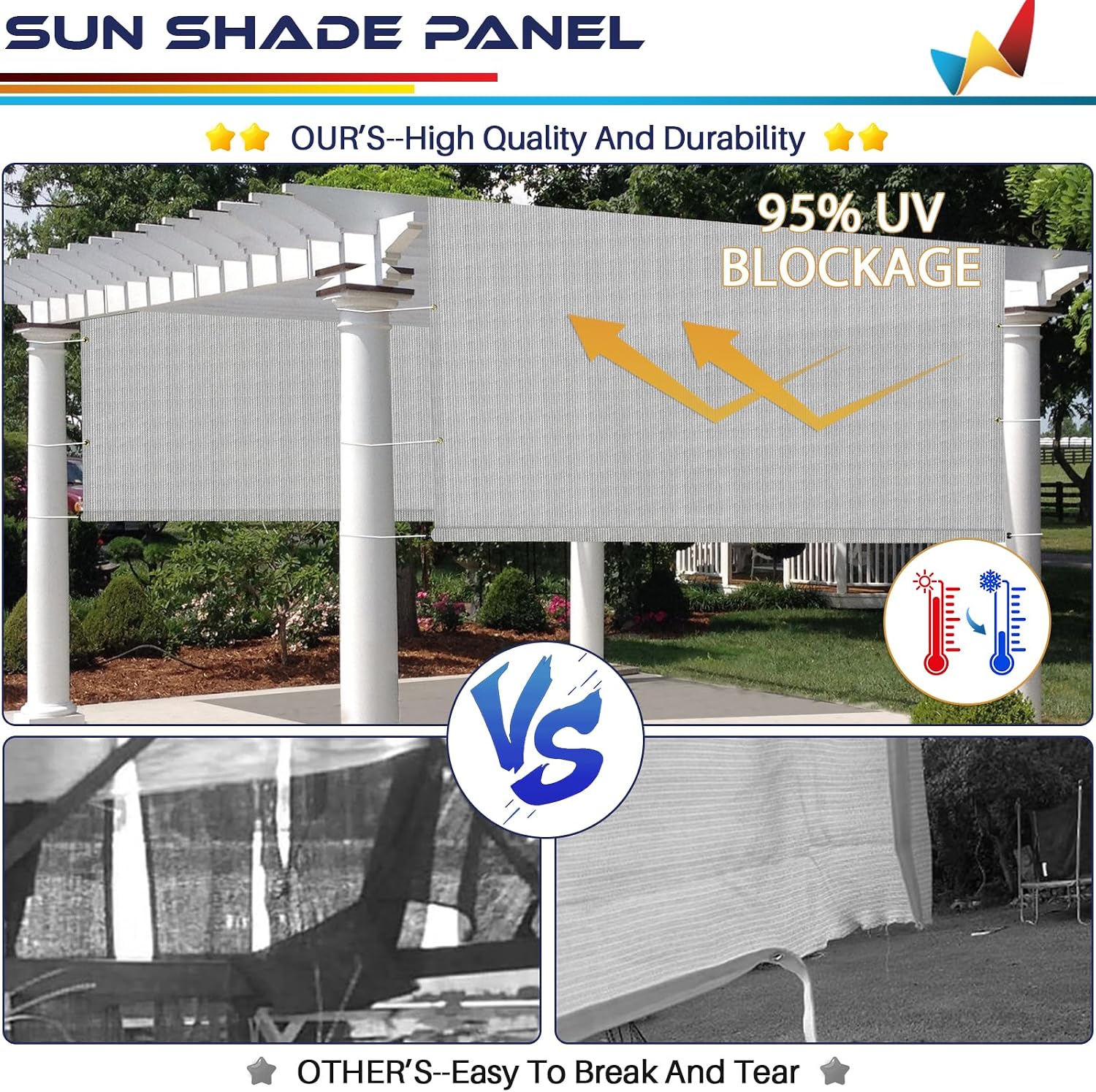 Windscreen4less 8'x17' Outdoor Pergola Replacement Shade Cover Canopy for Patio Privacy Shade Screen Panel with Grommets on 2 Sides Includes Weighted Rods Breathable UV Block Light Grey