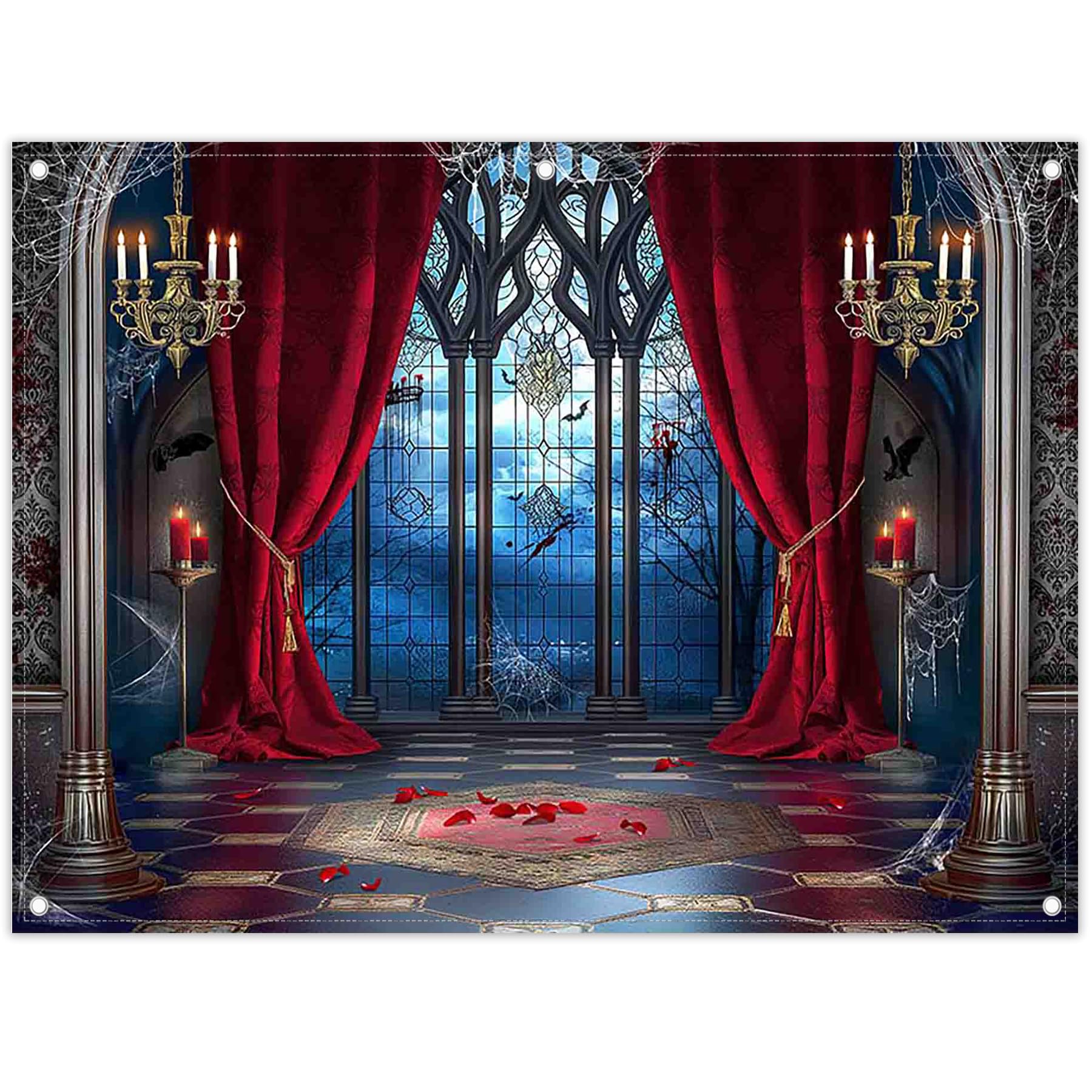 YCUCUEI 7x5ft Fabric Halloween Vampire Medieval Castle Backdrop Gothic Window Red Curtain Bats Photography Background Haunted House Party Decor Photo Props: 8'x6' blue