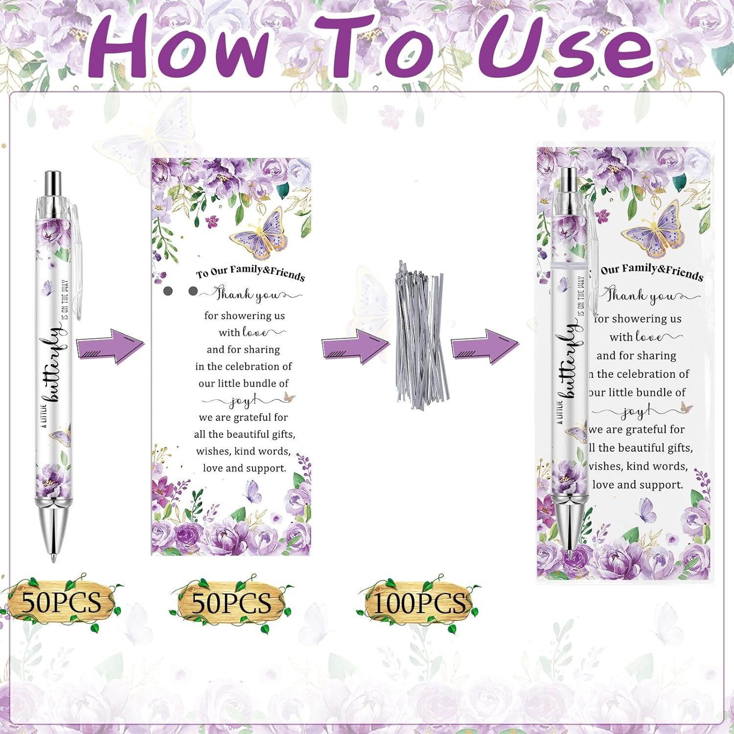 50 Sets Purple Butterfly Theme Baby Shower Favors for Guest, Gender Reveal Party pens, Baby Shower Pens with 50 Rolling Paper Ballpoint Pens and 50 Greeting Cards (Purple)