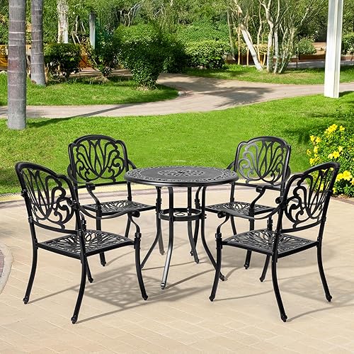 Miniatura 2 de VINGLI Juego de 2 sillas de patio apilables de aluminio fundido para exteriores con acabado negro vintage y patrón floral, sillones de metal para