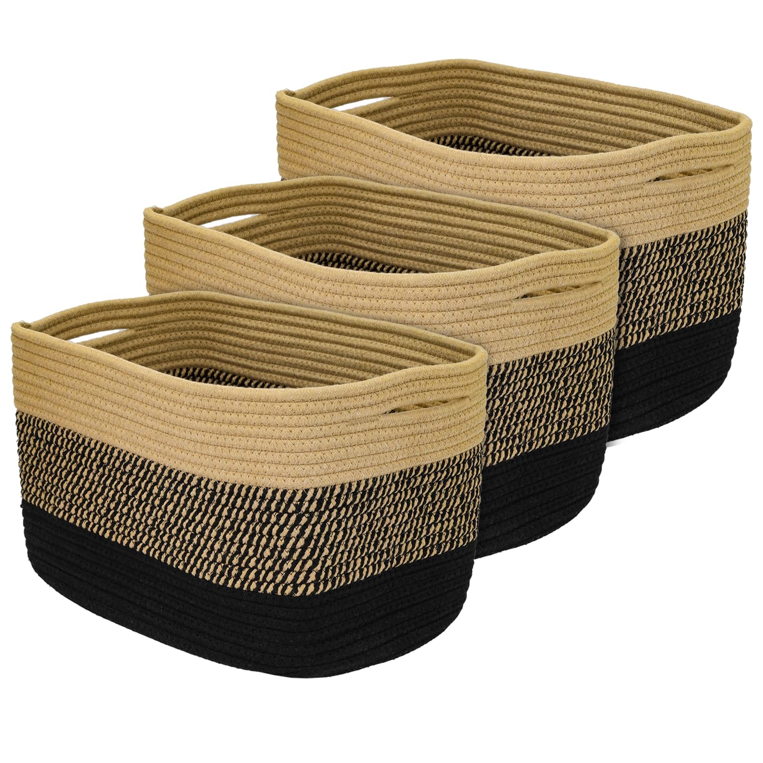 HMF Juego de 3 cestas de almacenamiento con asas ocultas, cesta de algodón, 37,5 x 25 x 22,5 cm, color negro y miel
