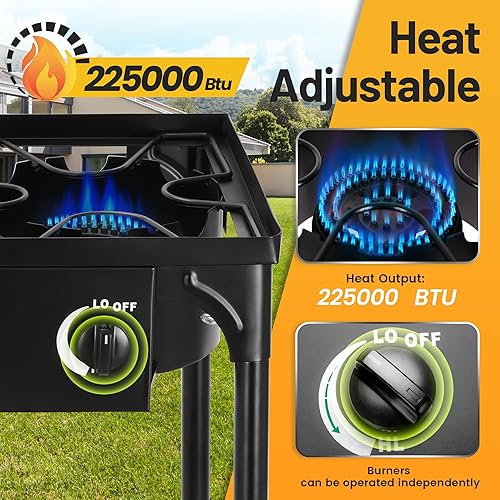 Miniatura 2 de Estufa de camping al aire libre, 225000 BTU, 3 quemadores de alta presión, cocina de gas propano con patas desmontables, regulador de 30 PSI