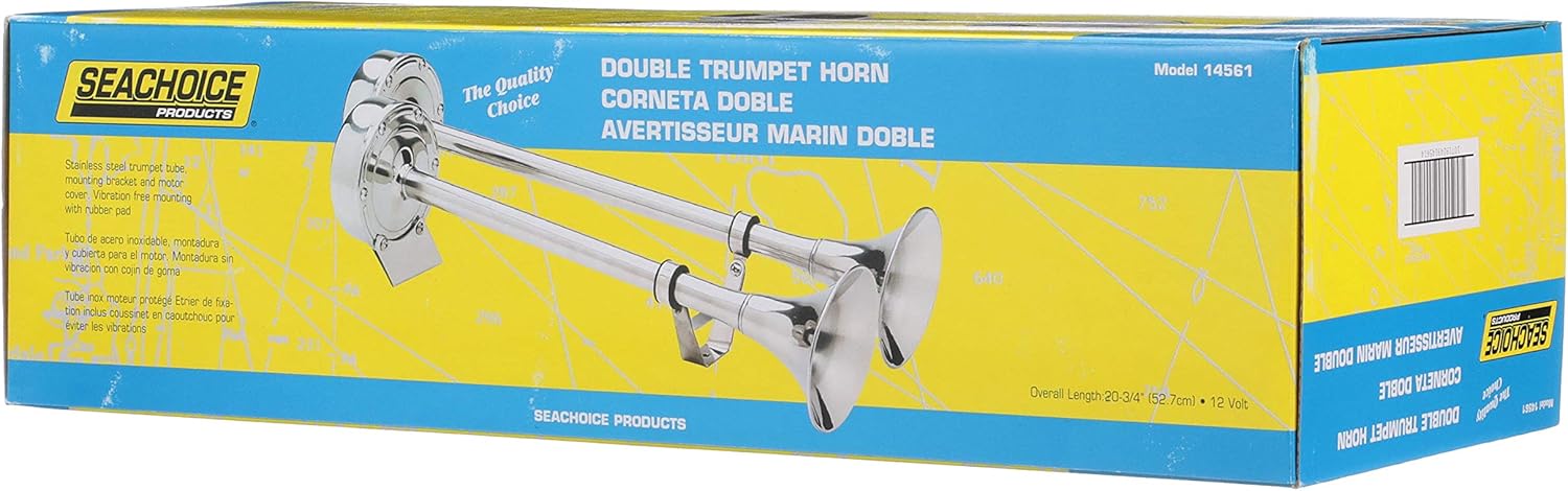 Seachoice Stainless Steel Dual Trumpet Horn, Vibration-Free Mounting Pad, 20-3/4 in. Long, 12V