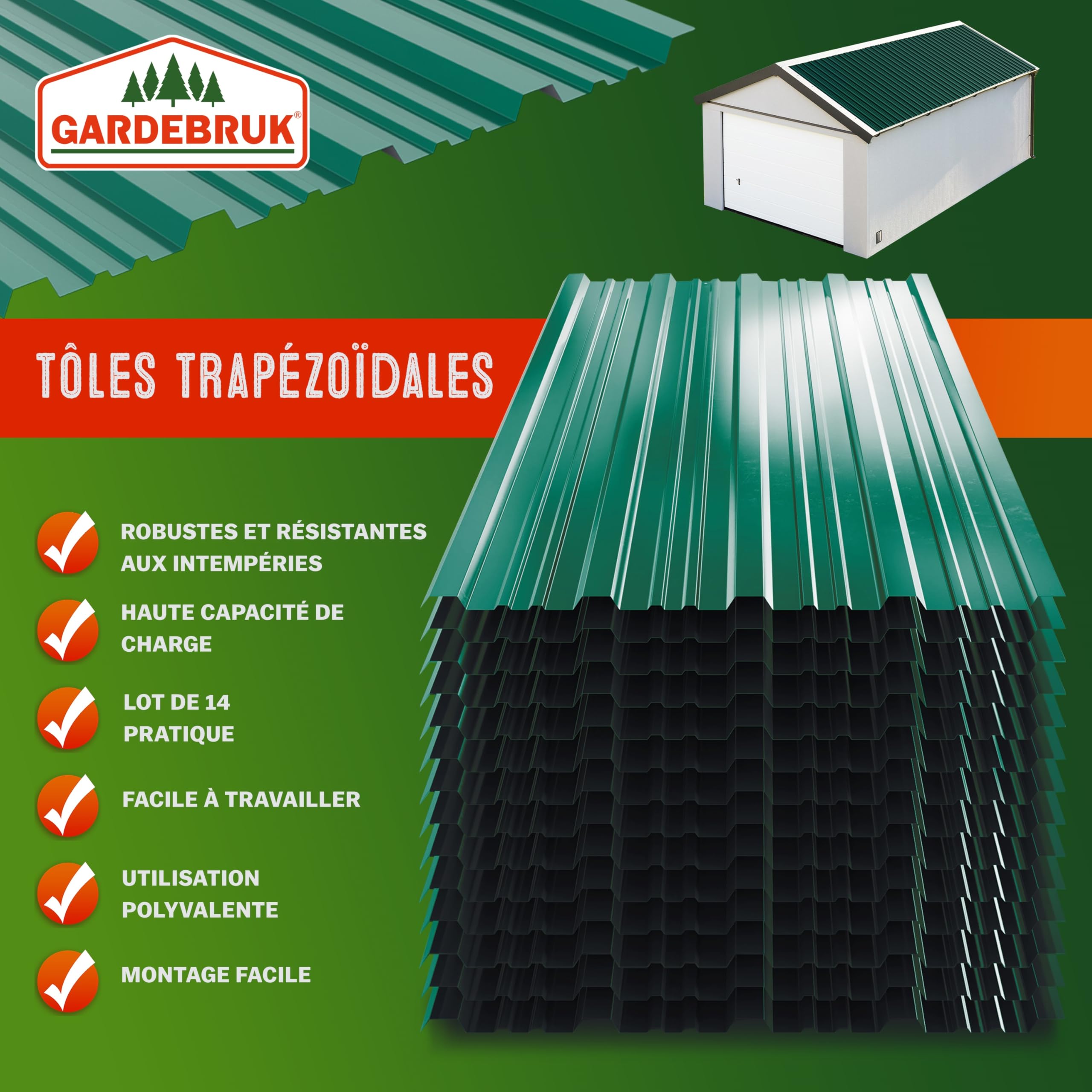 GARDEBRUK® 14x Tôles de bardage 110x46cm = 7m² galvanisé résistant intempéries tôle ondulée trapézoïdale profilée toit mur abri de jardin vert