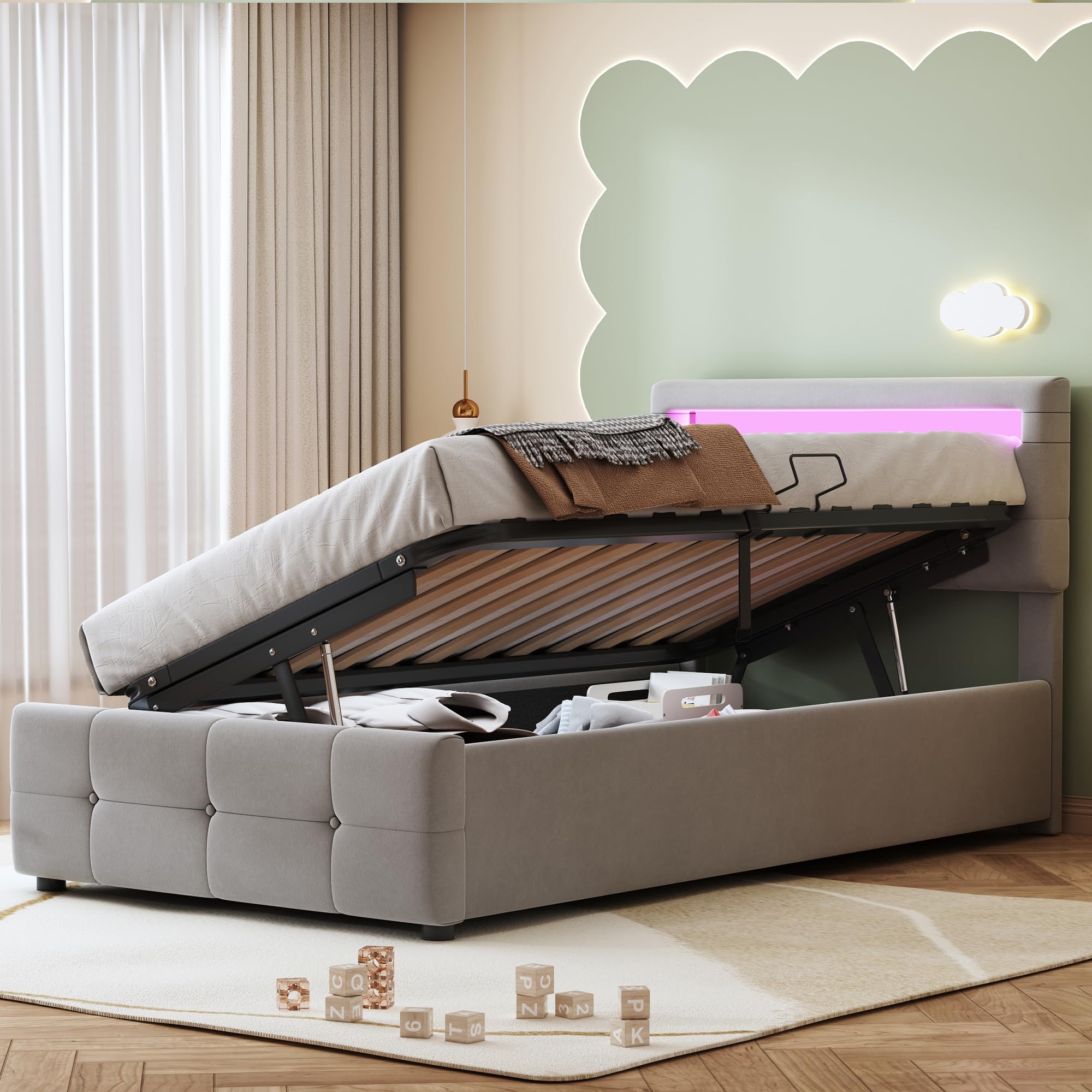 Gegtuon Letto Imbottito 90x200 cm con Illuminazione LED per Bambini, Letto Singolo con Idraulico Contenitore e Testata, Struttura Letto con Rete a Doghe per Ragazzi, senza Materasso, Velluto (Grigio)