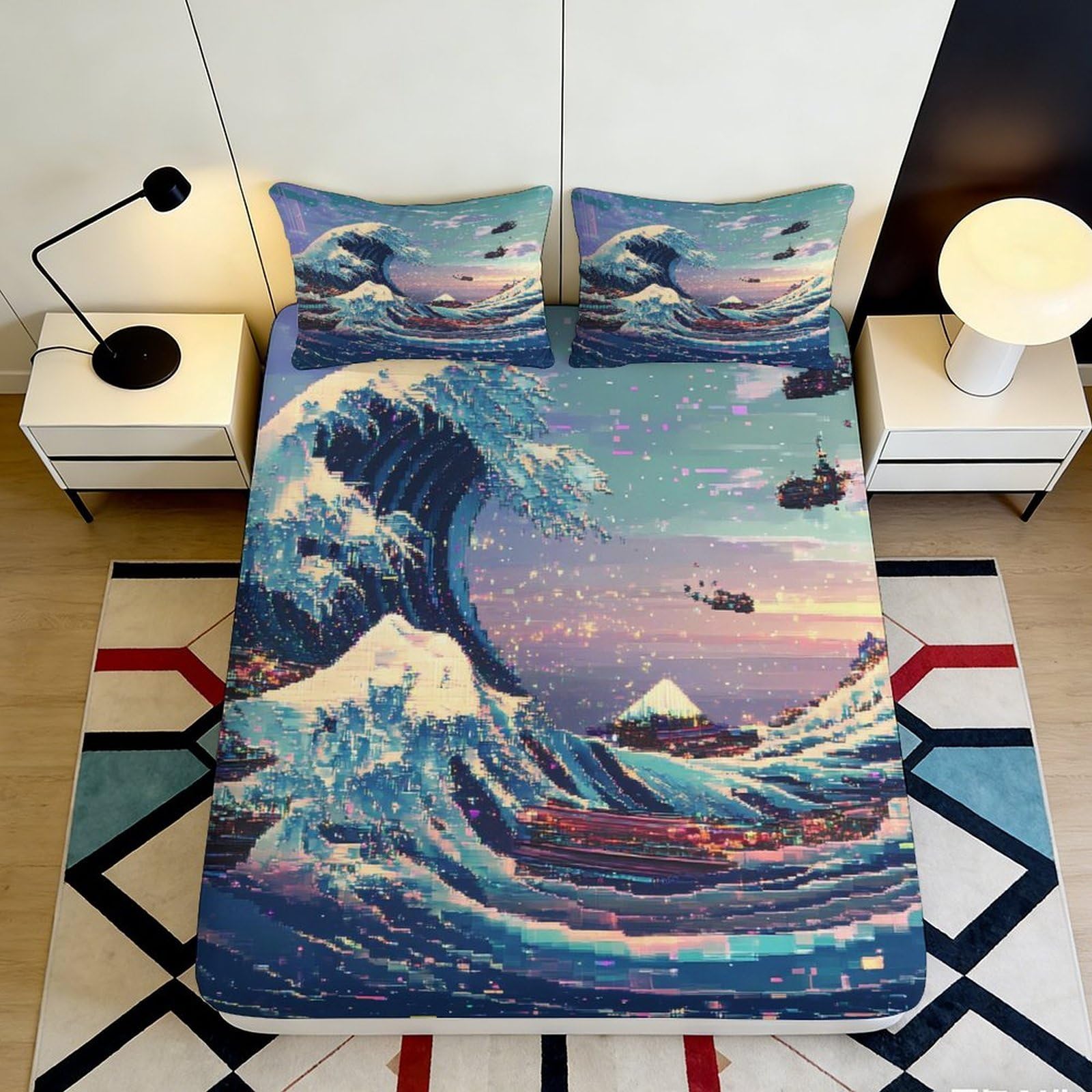 3D Printed Pixel Wave Fitted Sheet Microfiber Soft Breathable Digital Ocean Mattress Cover for Bedroom Dormitory Guest Room Mattress Protection Decor 140x200x25cm