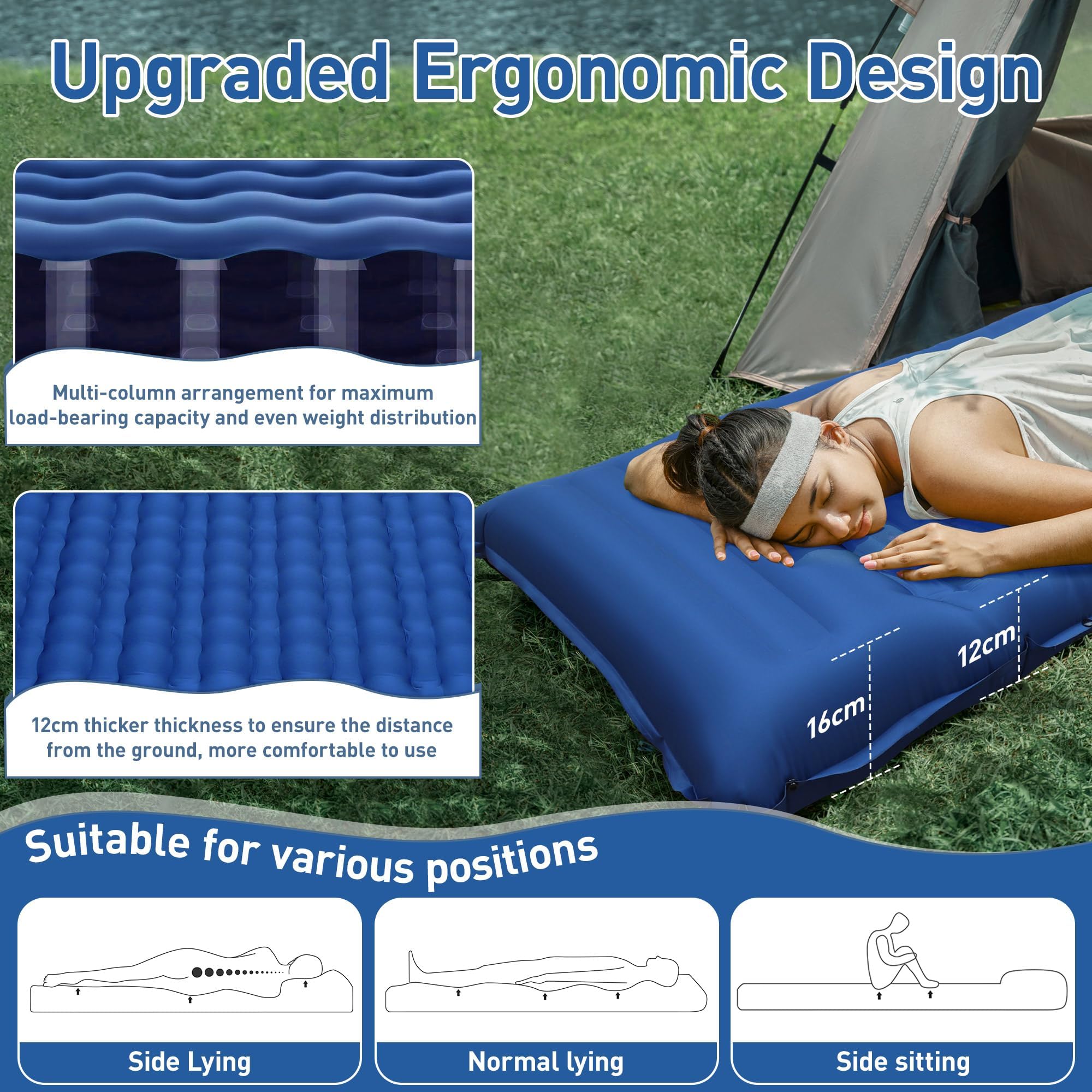Isomat Camping pogrubiony materac dmuchany 12 cm z pompką nożną, zapobiega utracie powietrza, ultralekki, wodoszczelny, na zewnątrz (granatowy)