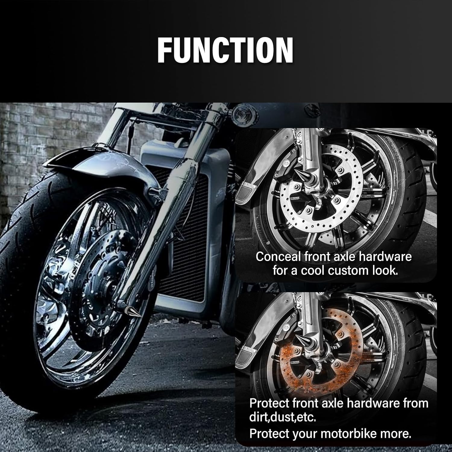 Black Front Axle Nut Covers 3.7 Inch Spike Front Axle Caps for Harley Softail Dyna Touring Street Electra Road Glide Sportster
